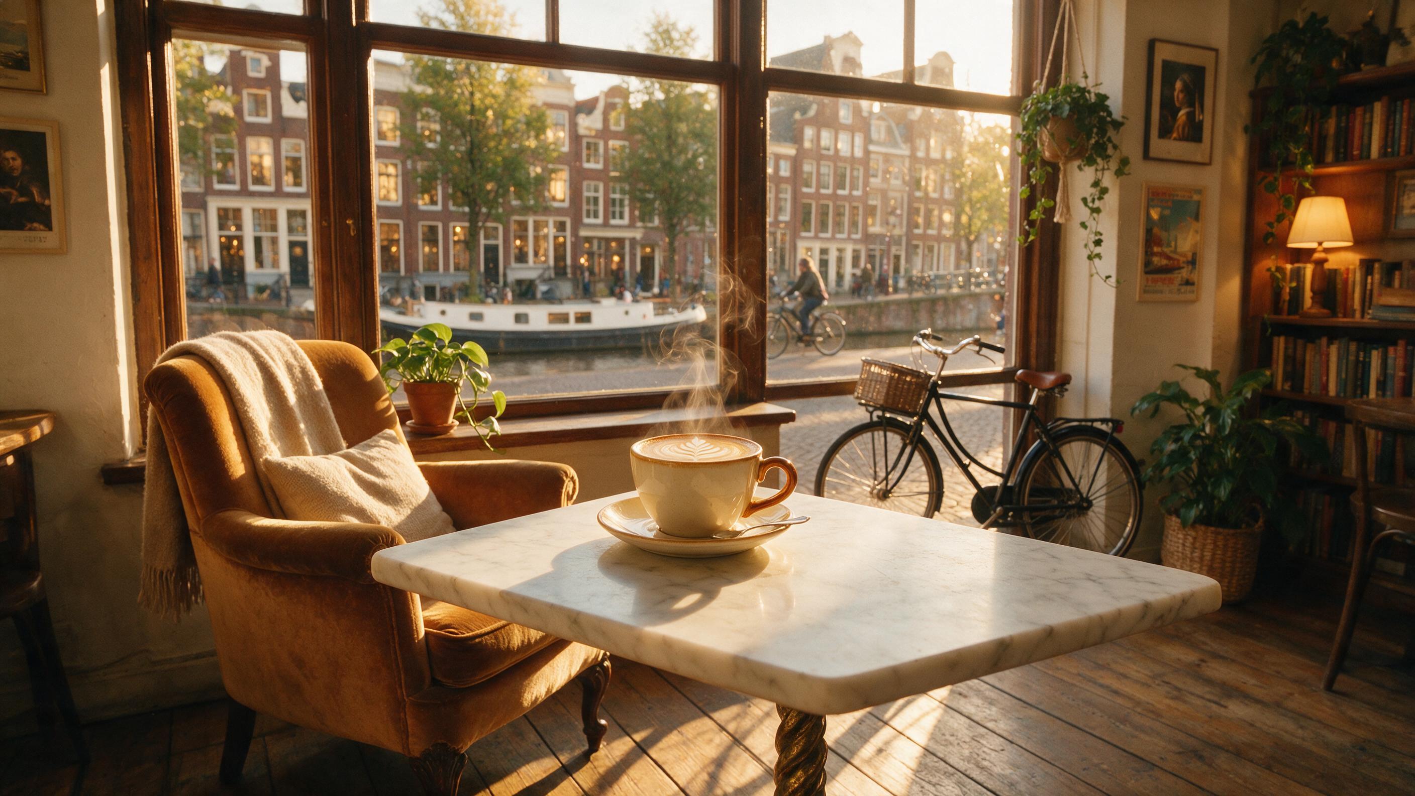 A cozy corner of a sunlit cafe in Amsterdam, with a steaming latte on a marble table, golden hour light streaming through a large window, casting soft shadows on a worn wooden floor, shallow depth of field, slight grain, warm tones.