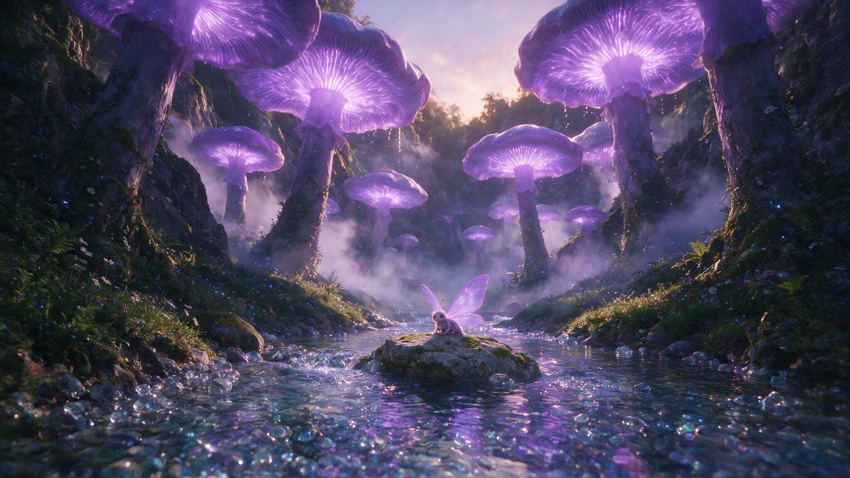 A hidden valley where bioluminescent mushrooms tower like ancient trees, casting soft violet light over a crystal-clear stream. Mist drifts between glowing caps, and a small winged creature perches on a stone, watching the viewer. Composition: low angle, wide shot, warm and cool light contrast, ethe
