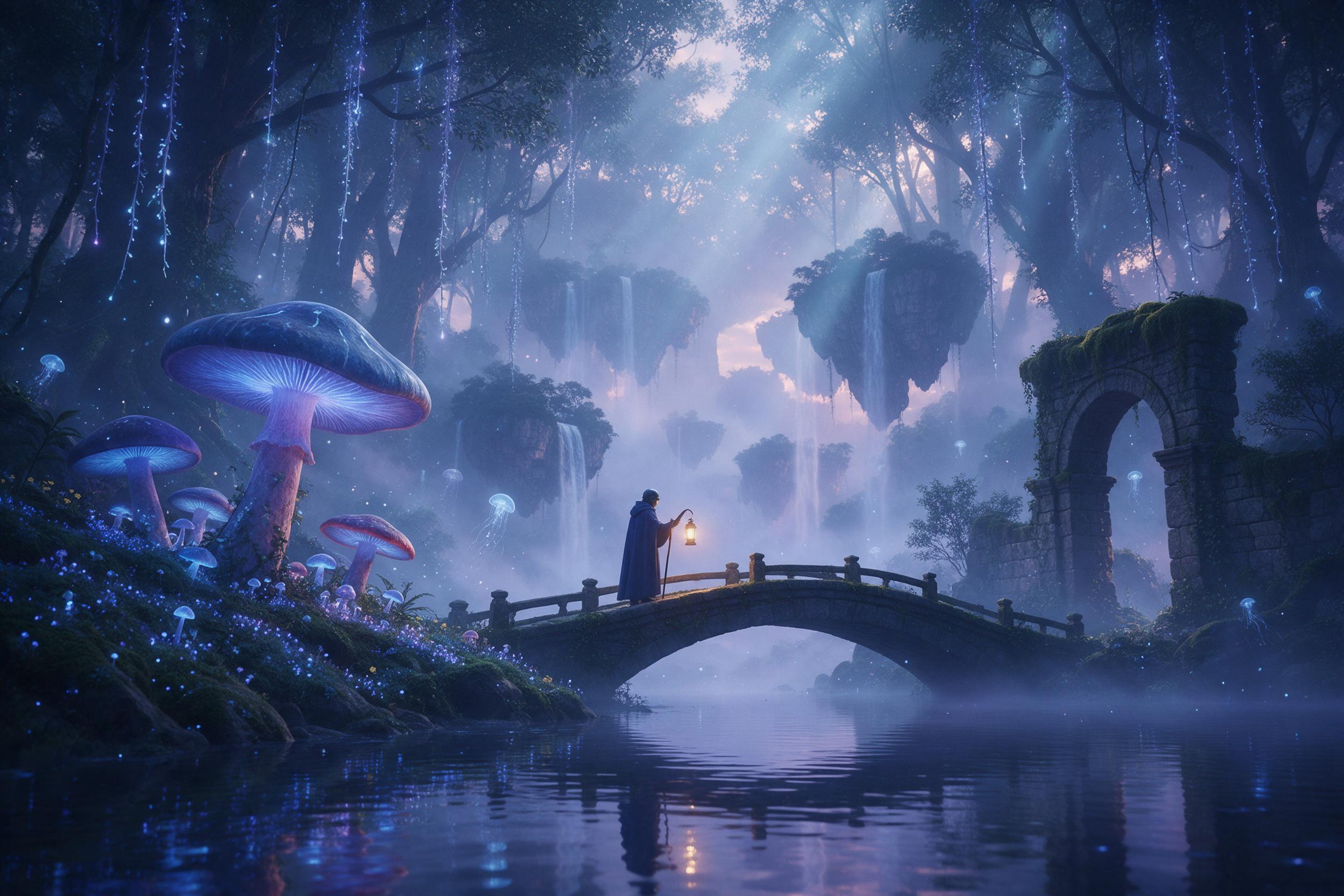 Misty valley at dawn, floating islands with cascading waterfalls, giant bioluminescent mushrooms under a canopy of glowing vines, ancient stone ruins draped in moss, ethereal blue and violet light rays piercing through fog, a lone cloaked figure with lantern on a narrow bridge, reflection in calm wa