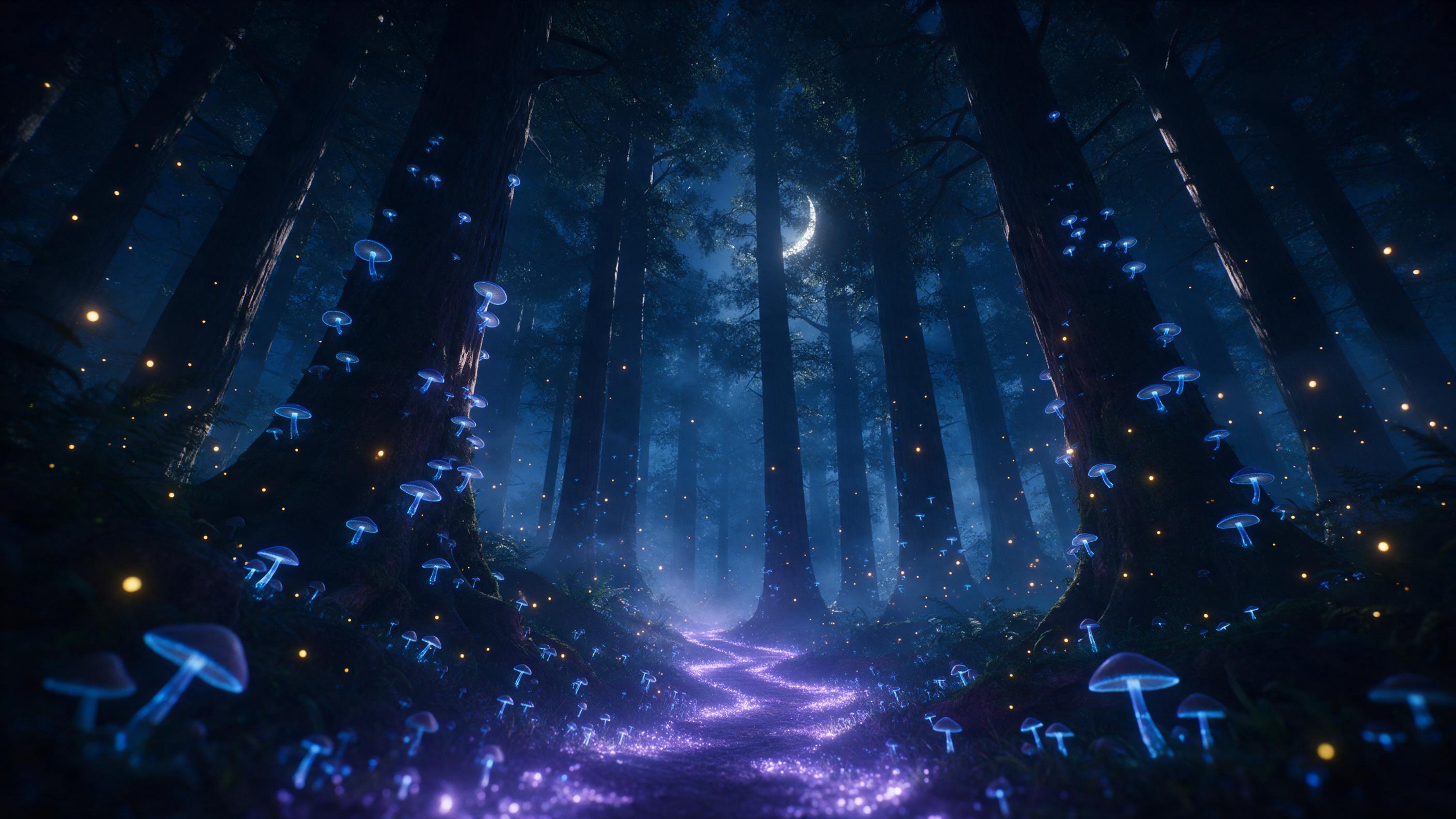 A bioluminescent forest at midnight, towering ancient trees with glowing blue-fringed mushrooms, a winding path of soft purple light, ethereal mist between trunks, fireflies in warm gold hue, low-angle view looking up through the canopy, cinematic rim lighting from a hidden crescent moon, gentle atm