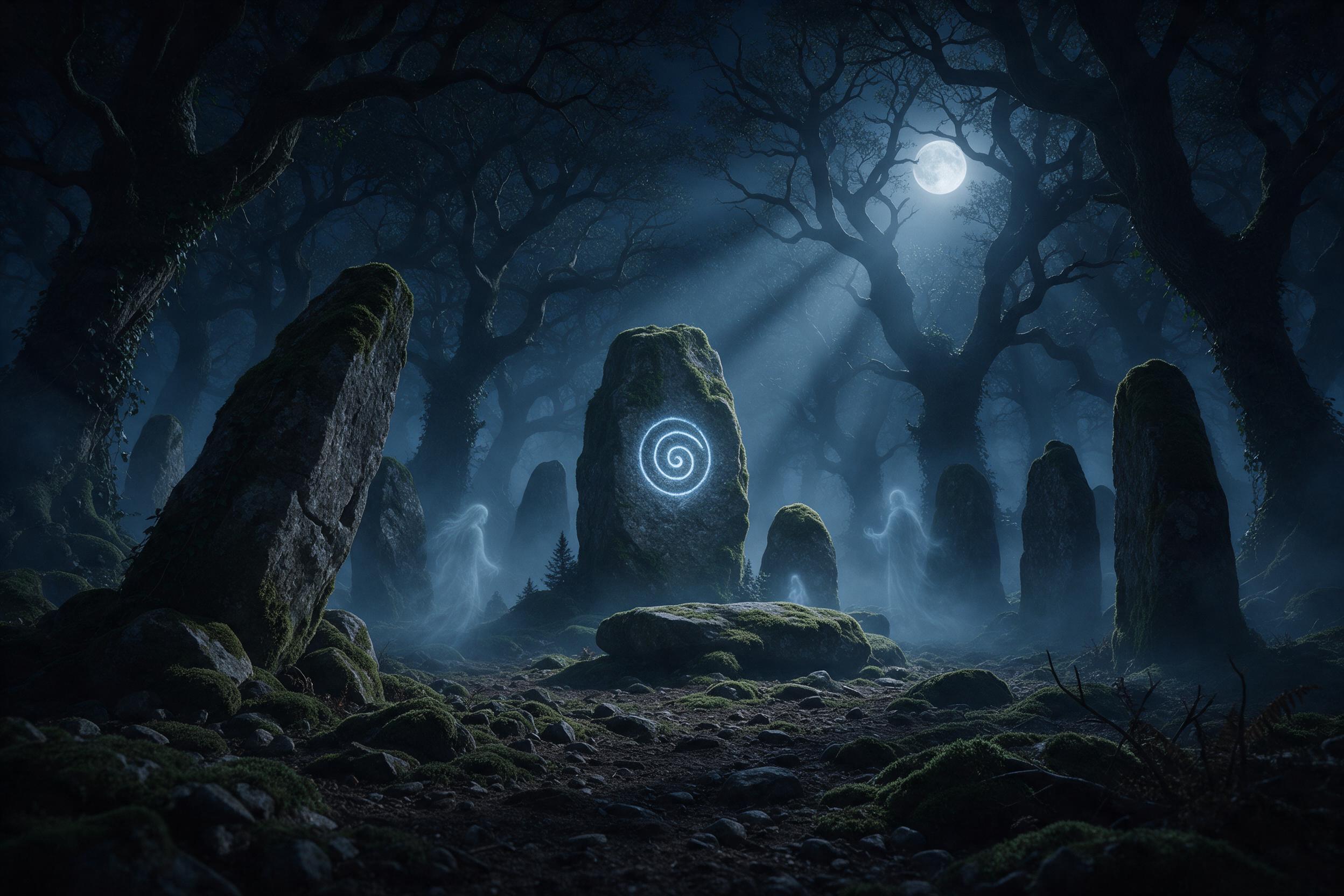 An ancient, moss-covered stone circle shrouded in ethereal blue mist, with a single glowing spiral rune carved into the central monolith. Soft moonlight pierces through gnarled trees, casting long shadows. Faint, shimmering spirits drift among the stones. Wide-angle composition, low-key lighting, fi