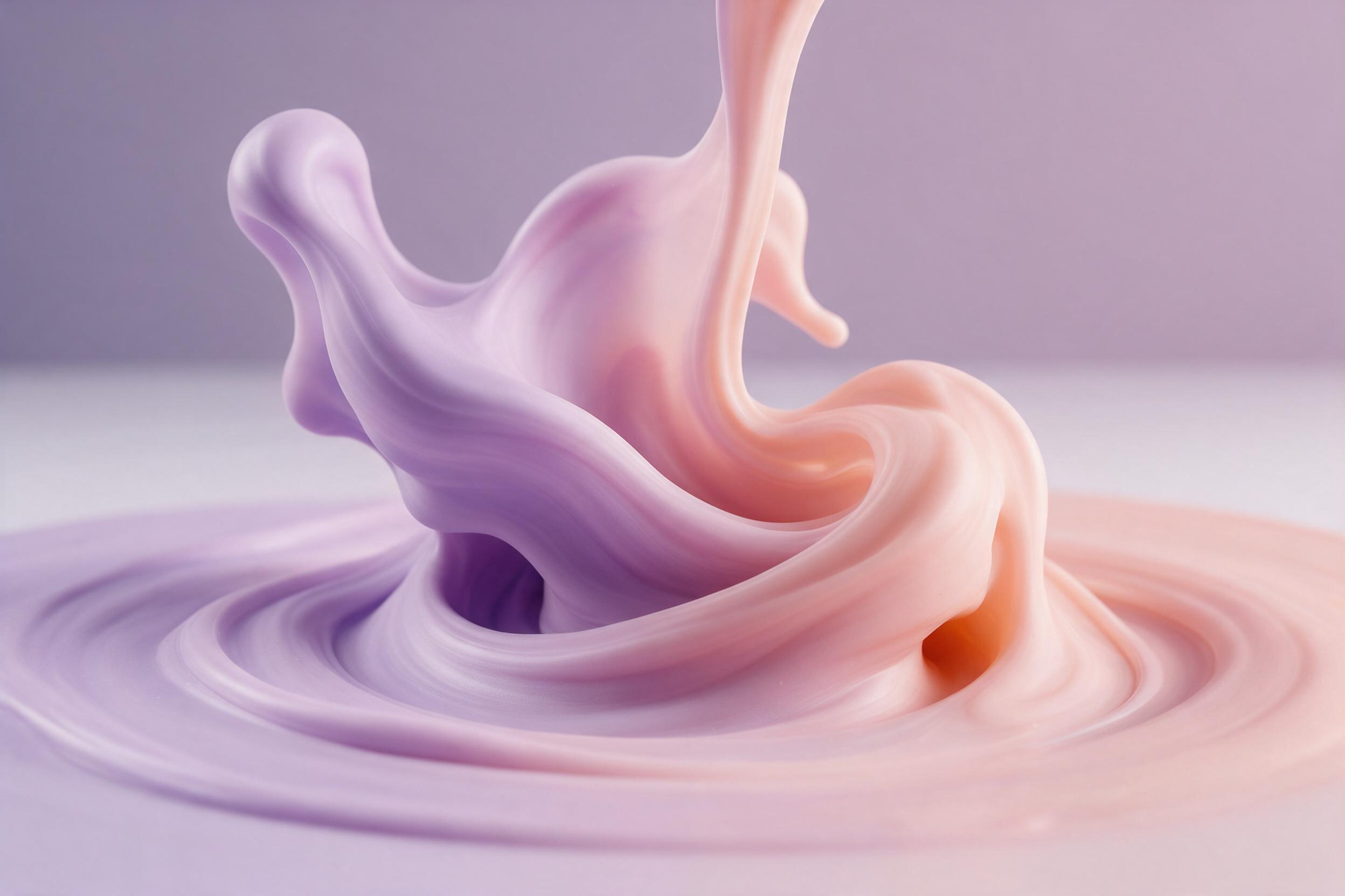 Muted pastel liquid polymer swirls in slow motion, soft studio lighting, macro lens, shallow depth of field, organic flowing shapes, gentle gradient from lavender to peach, no harsh edges, minimal composition, smooth texture