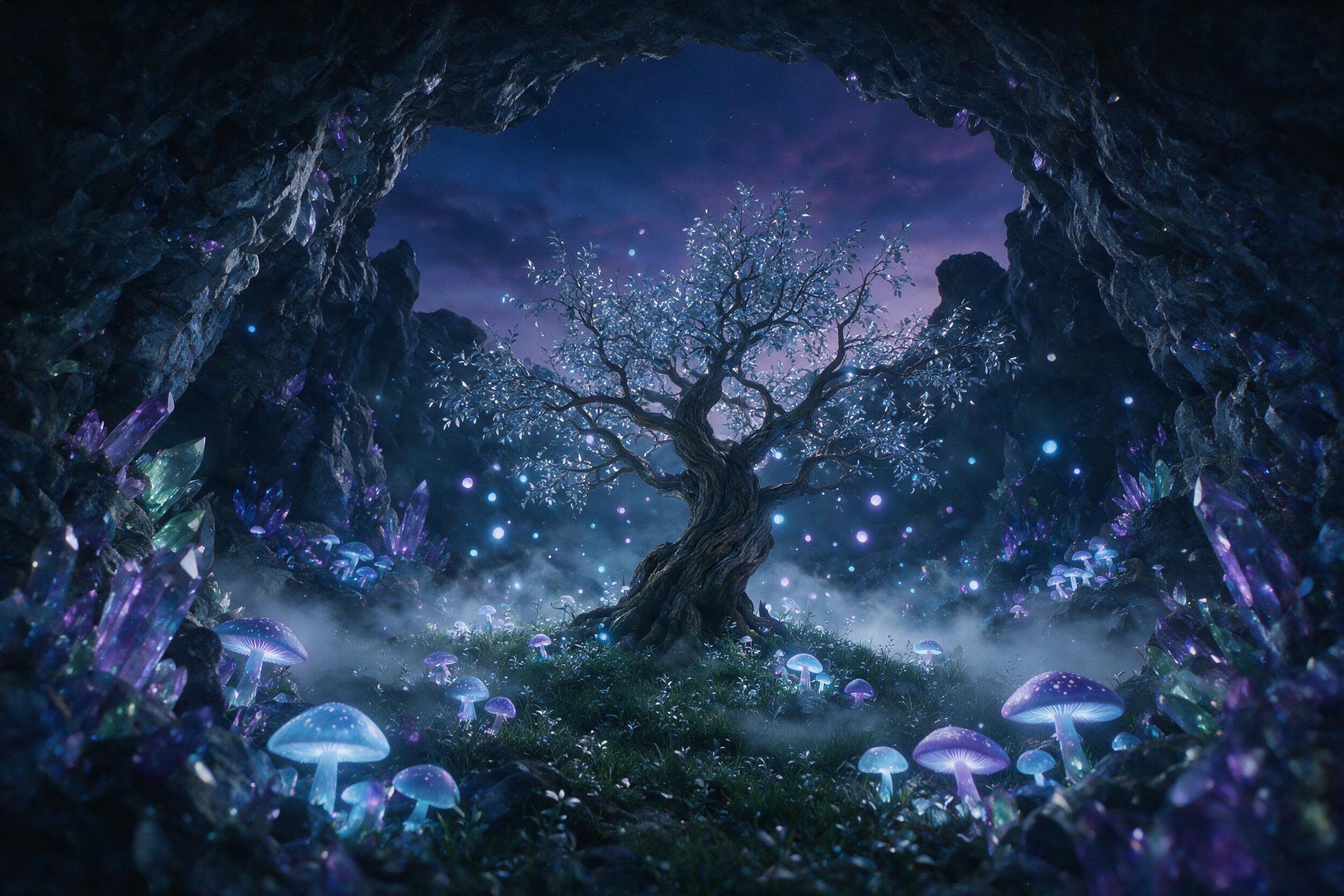 A luminous crystal cave beneath a twilight sky, glowing mushrooms and floating orbs casting soft blue and violet light, ancient trees with silver leaves, ethereal mist swirling, wide-angle composition, dreamlike atmosphere, subtle grain, natural lighting from bioluminescent sources