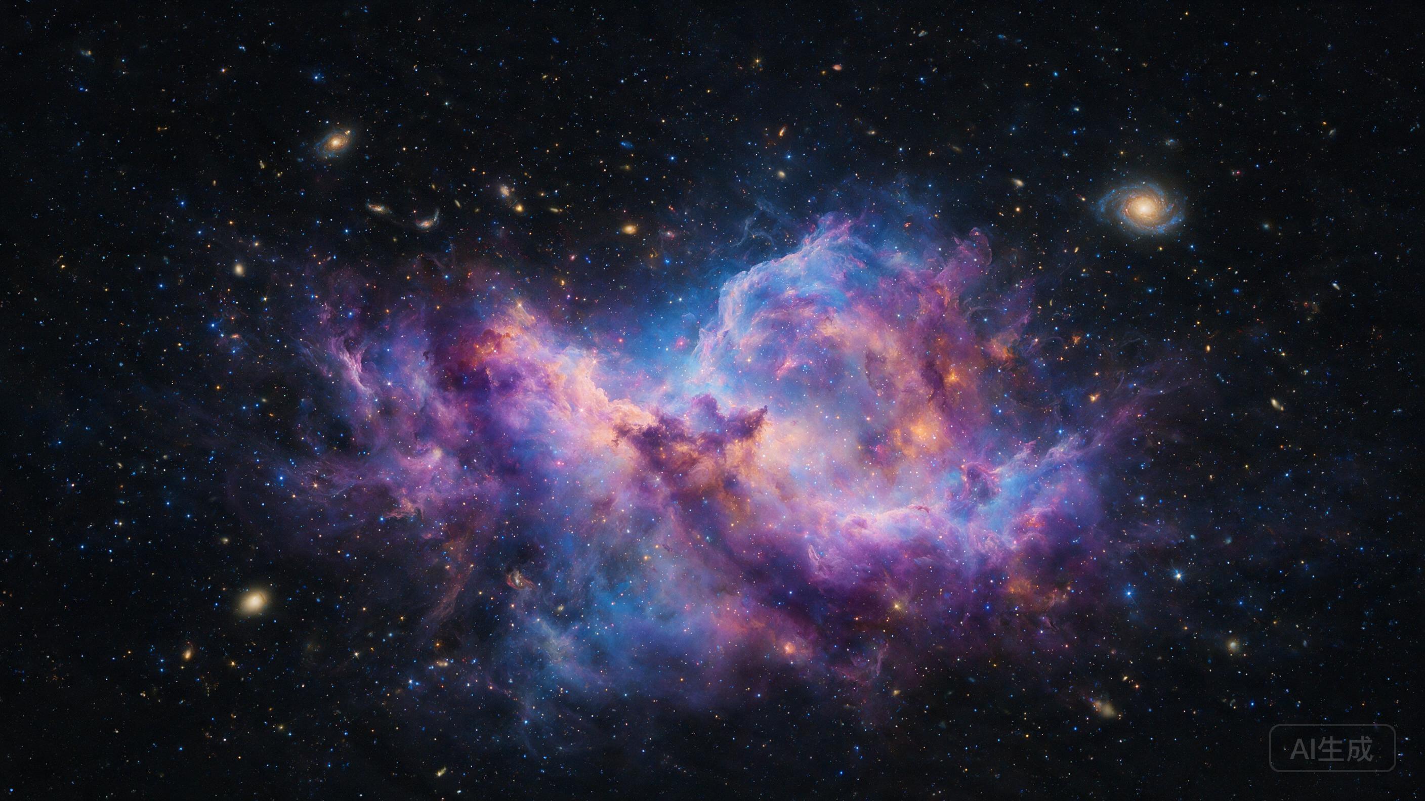 Deep space scene with a colorful nebula, distant galaxies, swirling cosmic dust, stars glittering, serene and vast