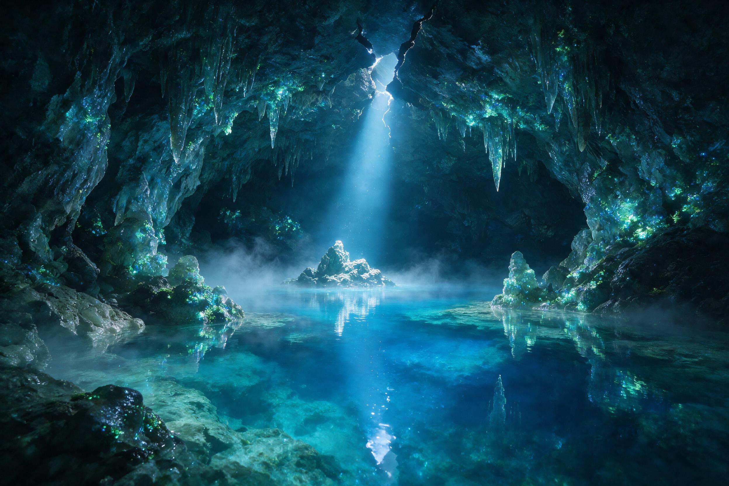A glowing crystal cave deep underground, bioluminescent moss covering jagged rocks, a single beam of pale blue light piercing through a crack in the ceiling, reflecting off a still underground lake, mist rising, ethereal atmosphere.