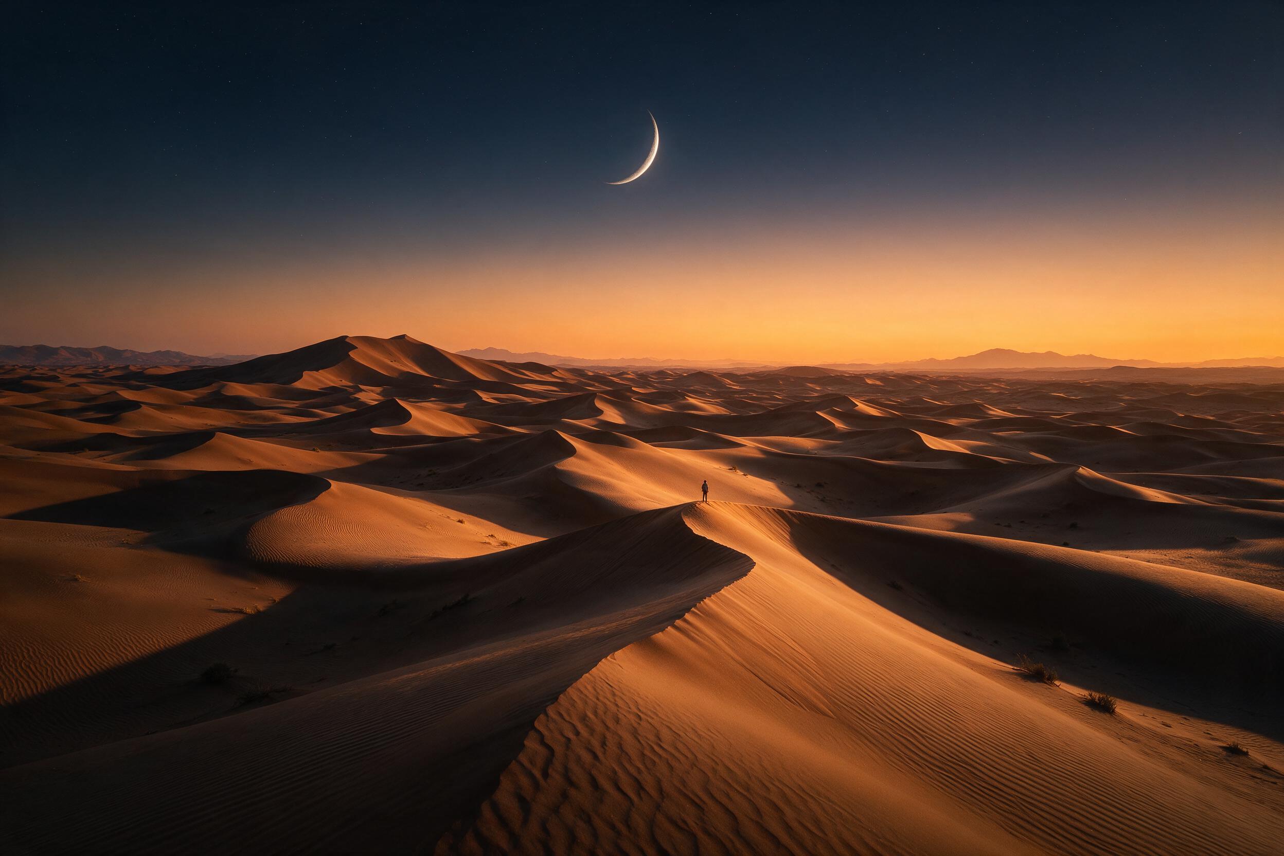 A desert landscape at twilight, with sand dunes sculpted into sharp, geometric patterns like a topographical map. The sky is a gradient of deep indigo and burnt orange, with a single, perfect crescent moon. The dunes are lit by a soft, golden light from the horizon, creating long, dramatic shadows. 