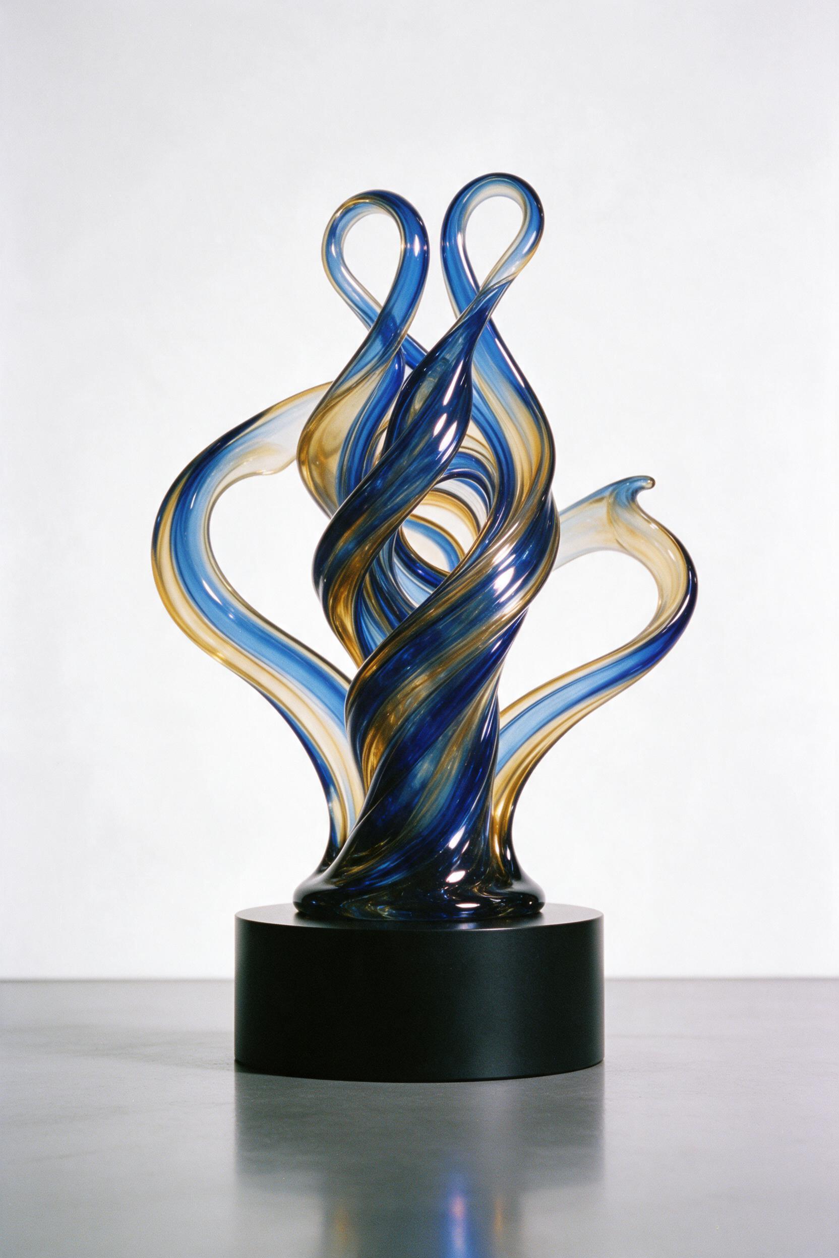 A fluid sculpture of molten glass, swirling ribbons of cobalt blue and amber, frozen mid-dance on a matte black pedestal, soft diffused studio light, subtle reflection on glossy floor, minimal white background, grain from medium format film, every curve catching a highlight