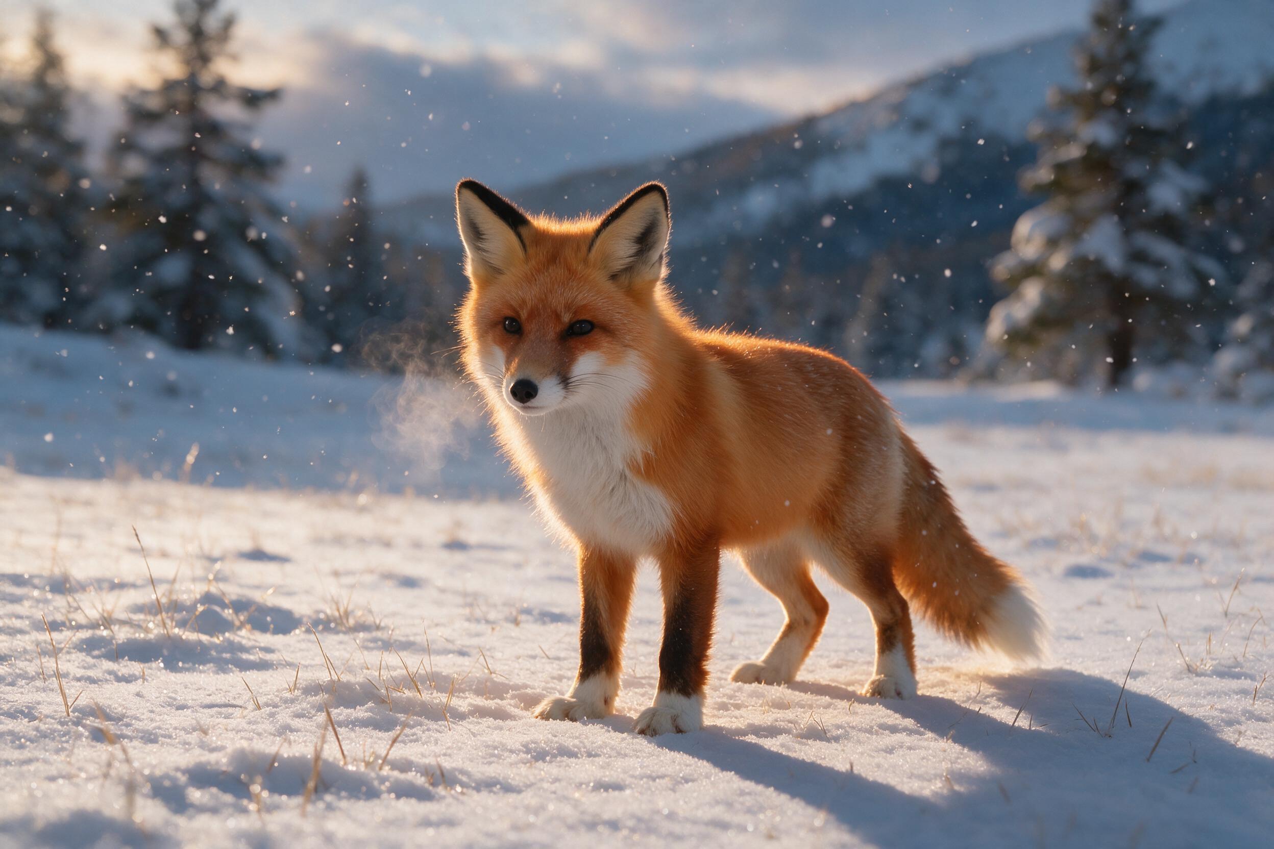 A young red fox stands alert in a snow-covered meadow at twilight, ears perked, breath visible as small mist puffs, soft golden hour light from the left casts long shadows, gentle snowflakes falling, shallow depth of field blurs distant pine trees, natural color palette with warm orange fur contrast