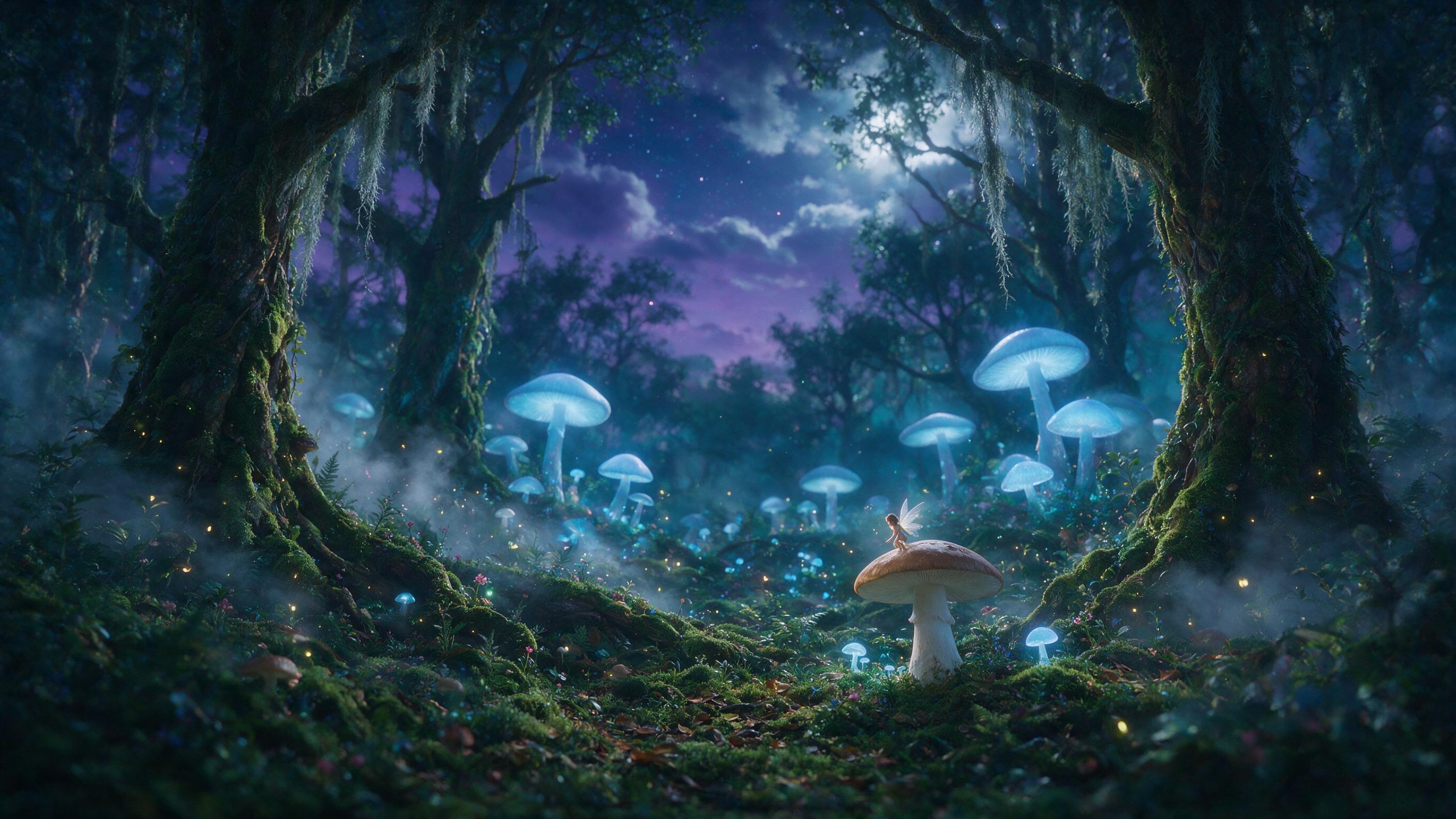 A moonlit ancient forest with giant glowing mushrooms casting soft blue light on mossy ground, fireflies drifting between twisted roots, a tiny fairy with translucent wings perched on a toadstool, mist swirling low, twilight colors of deep purple and teal, cinematic composition with shallow depth of