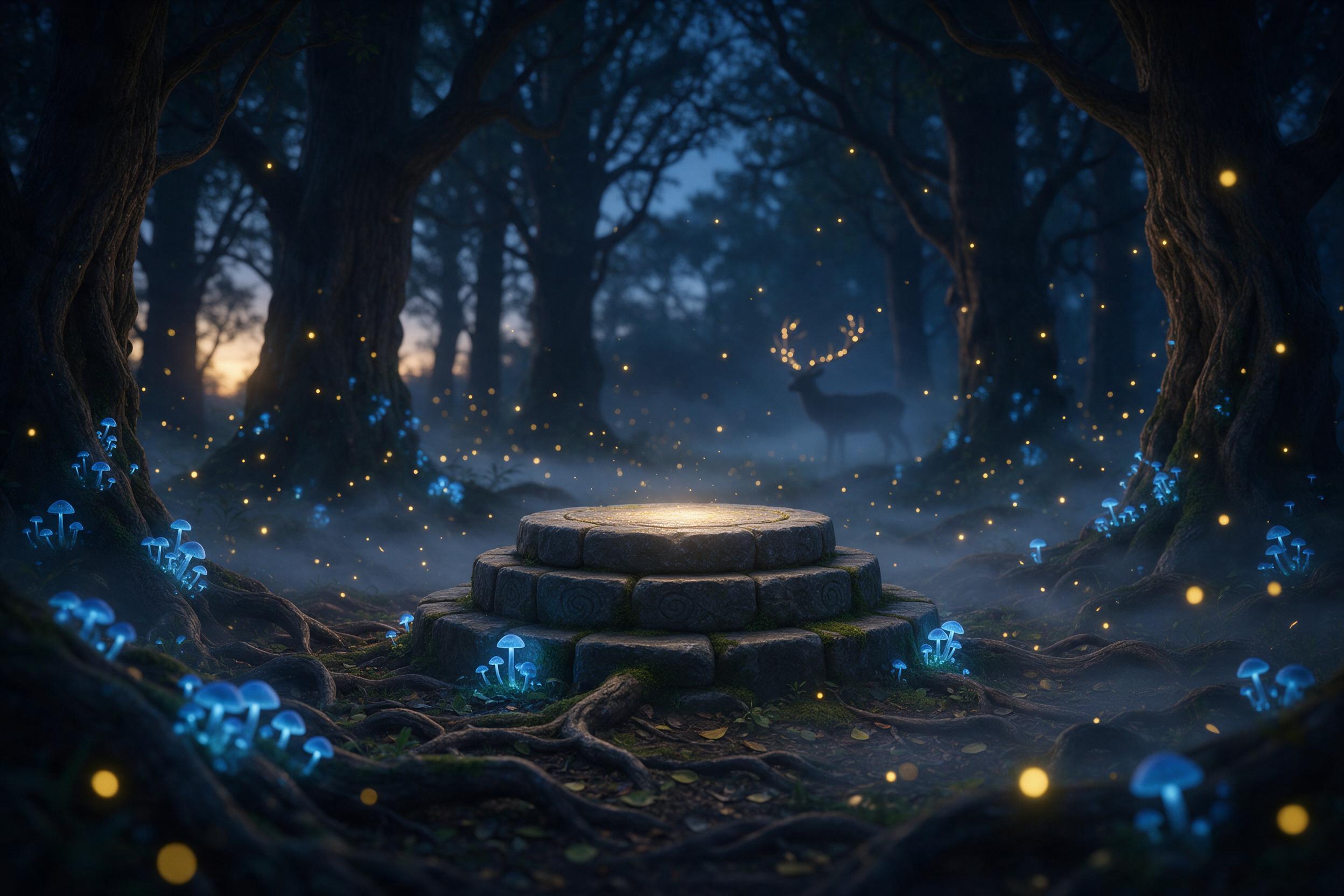 An ancient forest clearing at twilight where glowing blue mushrooms and floating fireflies illuminate a mossy stone altar, ethereal mist weaves between gnarled roots, faint silhouette of a deer with luminescent antlers, cool color palette with warm golden highlights, cinematic depth of field, soft v