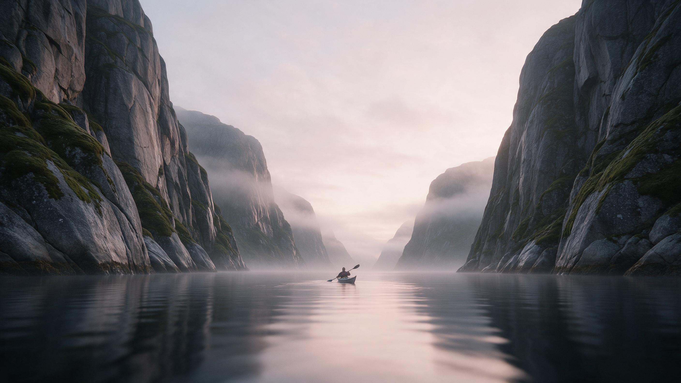 A lone kayaker paddles across a misty fjord at dawn, towering granite cliffs draped in moss on both sides, water glassy with soft reflections of pale pink sky, gentle fog curling between peaks, long exposure smoothing the surface, natural diffused light, calm and serene, shot from a low angle near t
