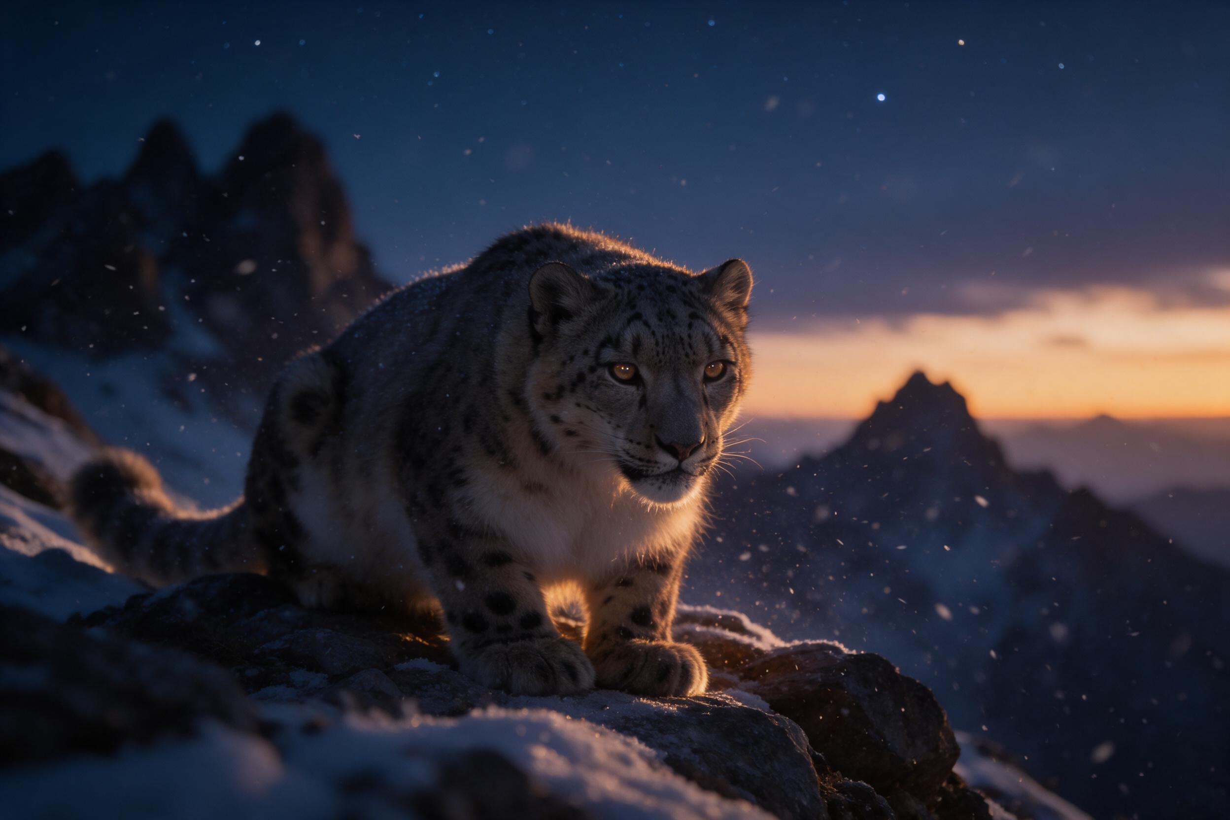 A snow leopard crouches on a rocky outcrop beneath a deep indigo twilight sky scattered with early stars. Its thick fur catches the last amber glow on the horizon, eyes reflecting pinpoints of light. Fine snow particles drift in sharp focus, while the jagged peaks behind fade into soft atmospheric h