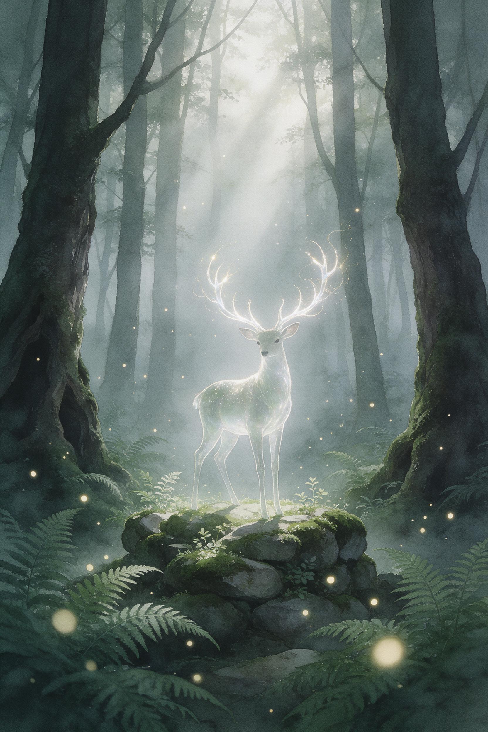 A misty ancient forest at dawn, emerald and silver tones. A translucent stag with glowing antlers stands on mossy stones, light rays piercing the canopy. Fireflies drift; a faint watercolor texture softens edges, with gentle bokeh and muted palette, evoking a dreamlike fairy tale.