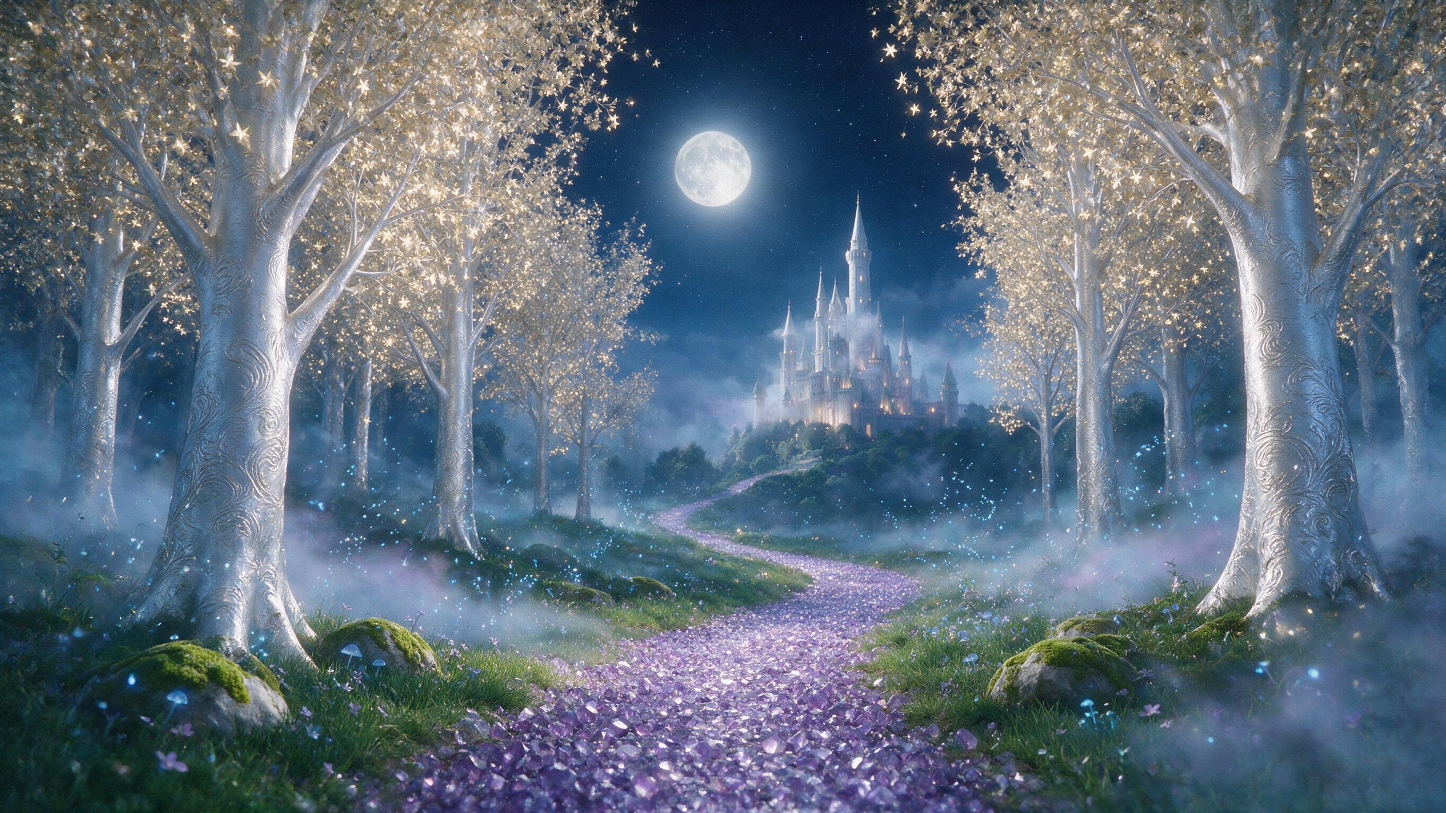 A luminous moonlit forest with towering silver trees, their leaves glowing like scattered stars. A winding path of crushed amethyst leads to a distant castle, its spires wrapped in mist. Fireflies dance in spirals, casting soft blue light. Ethereal fog hugs the ground, with a subtle grain texture.