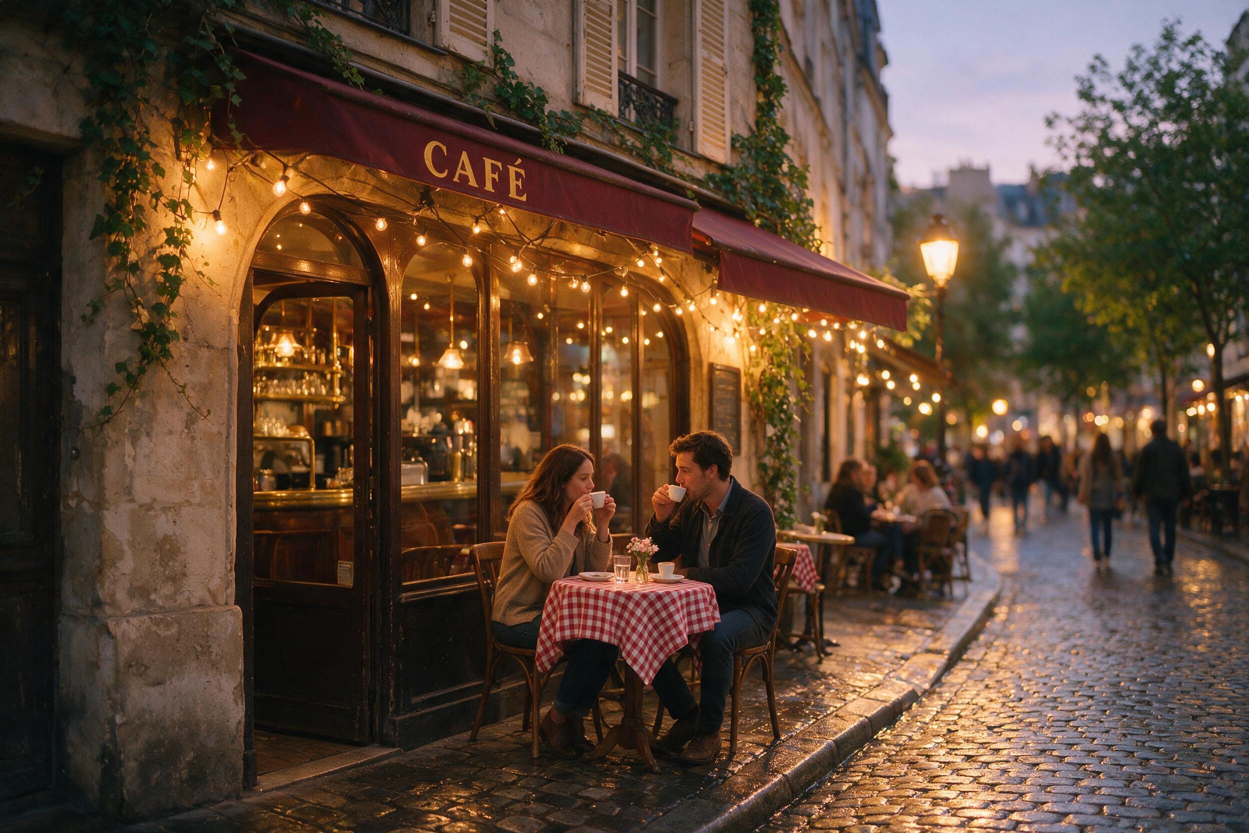 A cozy evening street cafe in Paris, warm amber glow from string lights, a couple sipping espresso at a small round table, cobblestone street glistening with light rain, soft bokeh in the background, natural dusk lighting, slight grain, 35mm lens perspective
