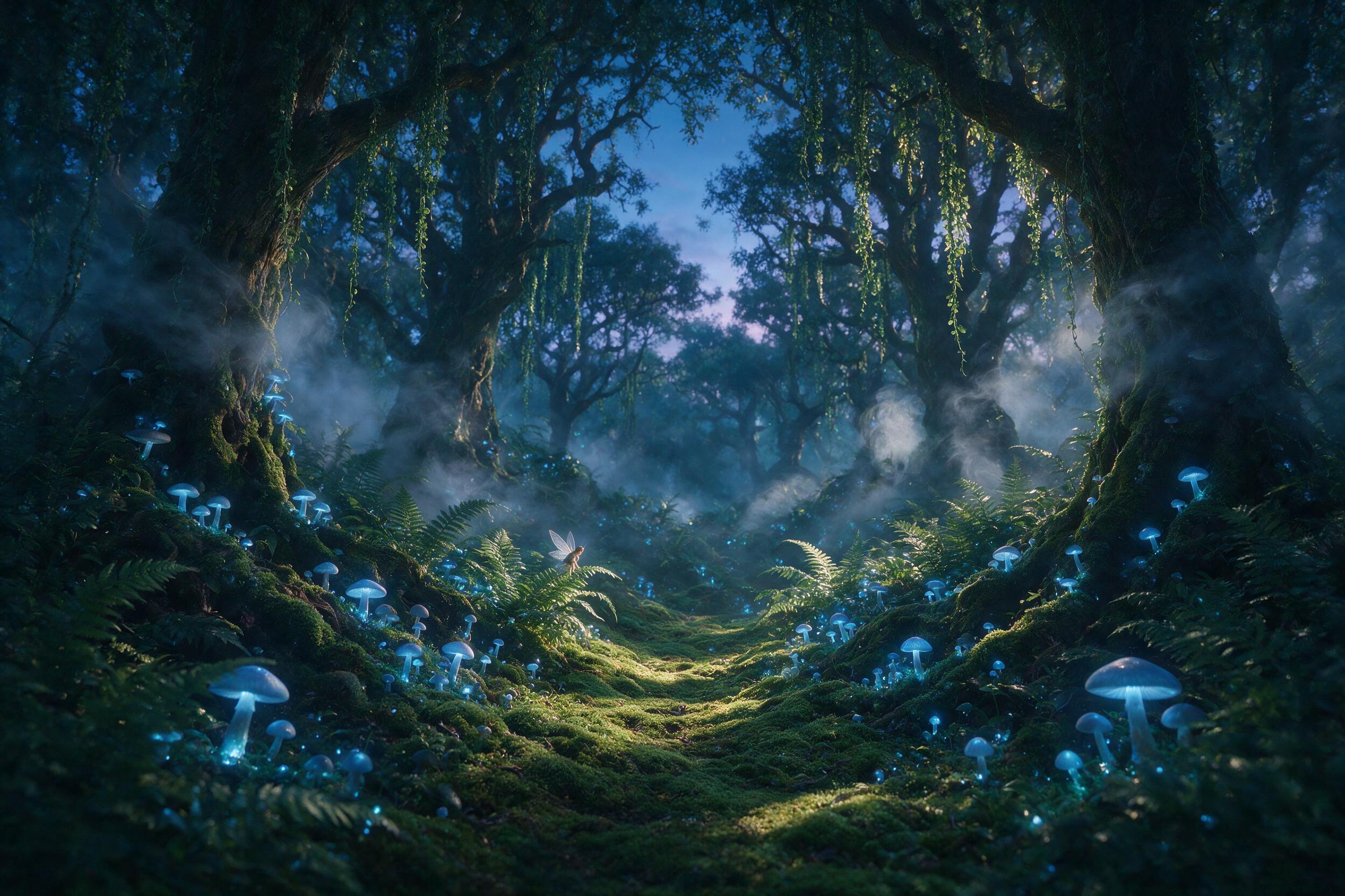 A glowing, ethereal forest at twilight, bioluminescent mushrooms and hanging vines casting soft blue light on a mossy path, a small fairy with translucent wings perched on a fern, mist swirling between ancient trees, soft natural lighting.