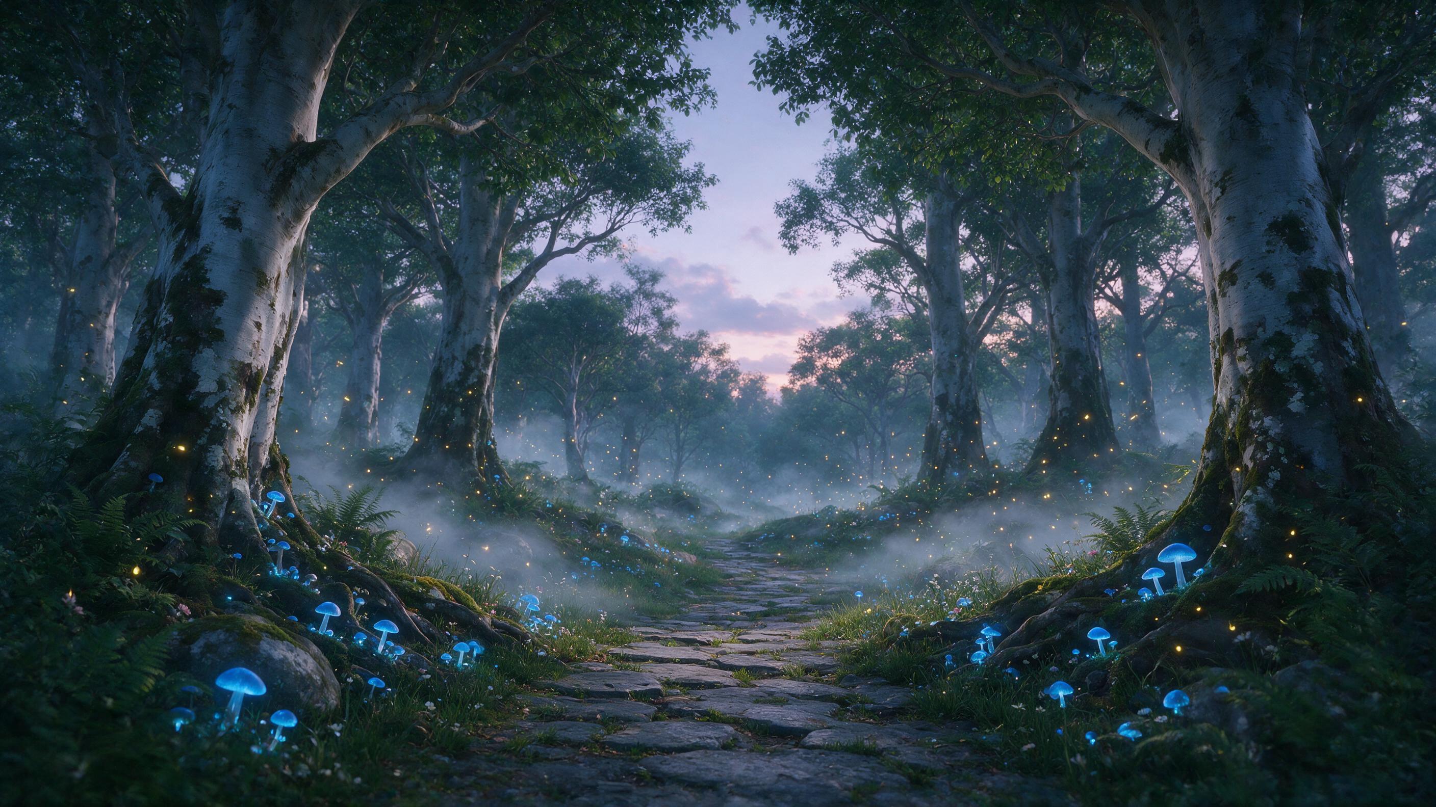 A mystical forest bathed in twilight, with glowing blue mushrooms scattered along a winding stone path. Soft mist rises from the ground, and ancient trees with silver bark loom overhead. Fireflies drift through the air like tiny stars, casting a warm golden light. The scene is serene, with a hint of