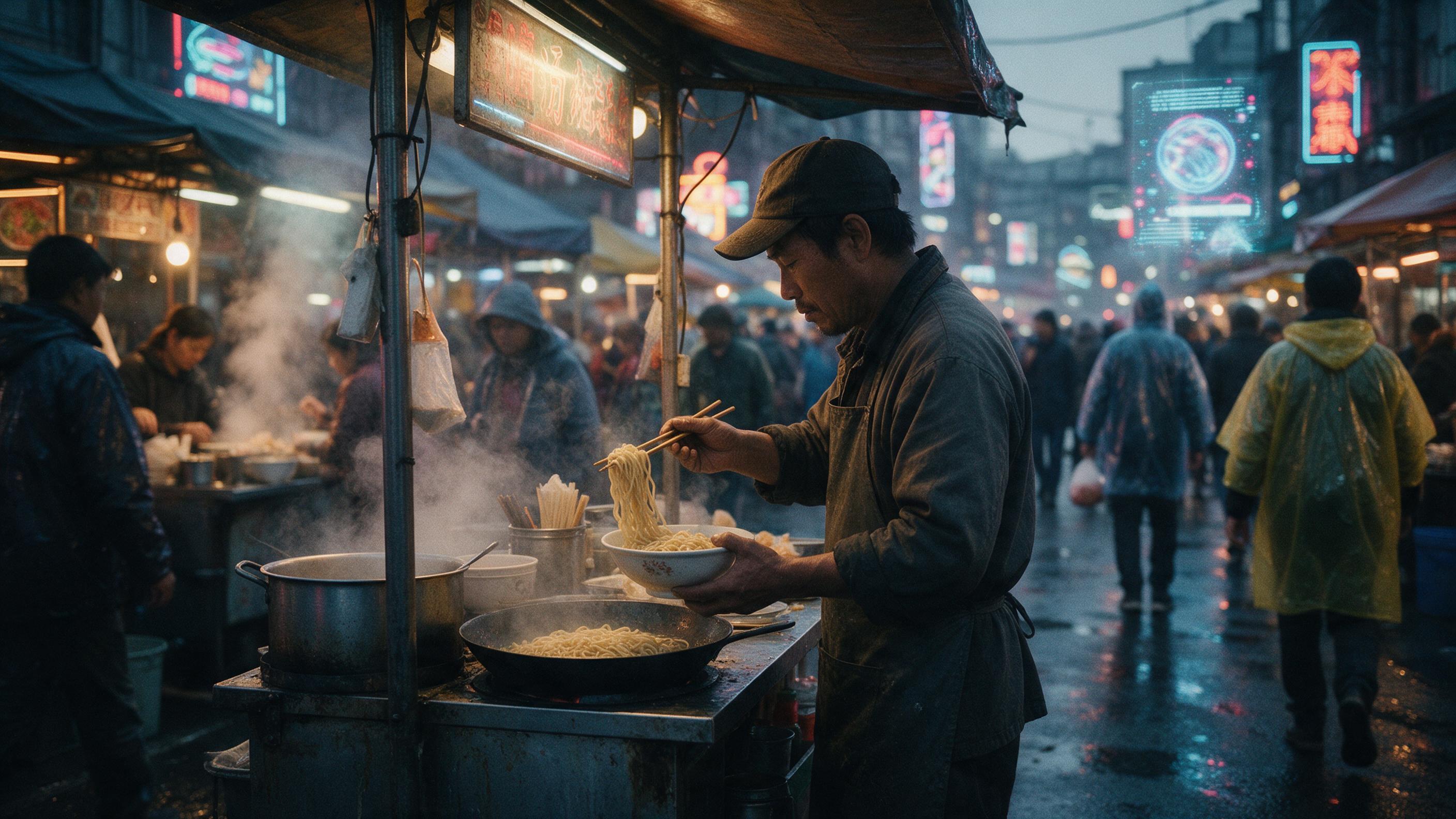 A weathered cyberpunk street market at dusk, neon signs reflecting on wet asphalt, steam rising from food stalls, diverse crowd in rain gear, holographic advertisements flickering, film grain, shallow depth of field focusing on a noodle vendor, naturalistic lighting with cool blues and warm oranges