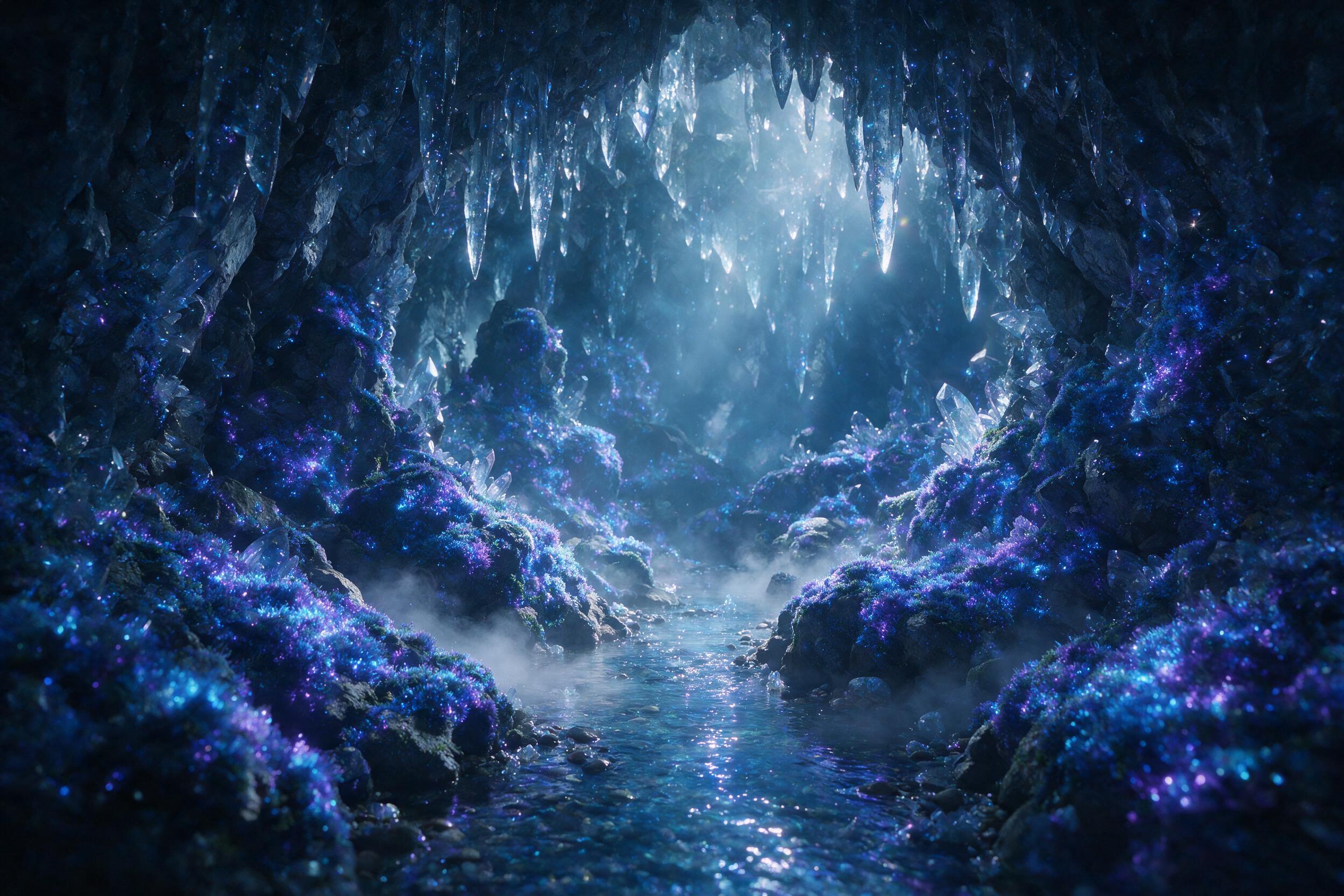 A luminous crystal cave deep underground, glowing blue and purple bioluminescent moss covering jagged rock formations, a small stream of liquid light flowing through the center, soft mist rising from the water, ethereal atmosphere, cinematic lighting with volumetric rays, slight lens flare, surreal 
