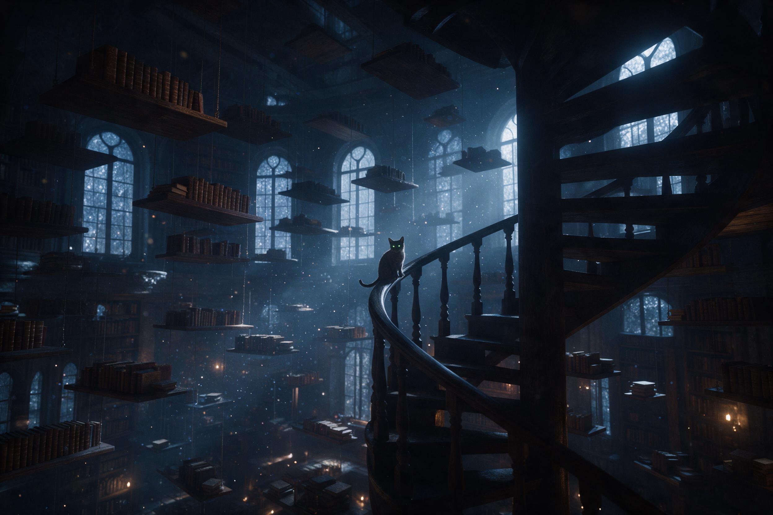 A moonlit ancient library, floating shelves of leather-bound books, shimmering dust motes, a lone cat with glowing green eyes perched on a spiral staircase, volumetric light through tall arched windows, deep blues and ambers, dreamlike atmosphere, muted tones