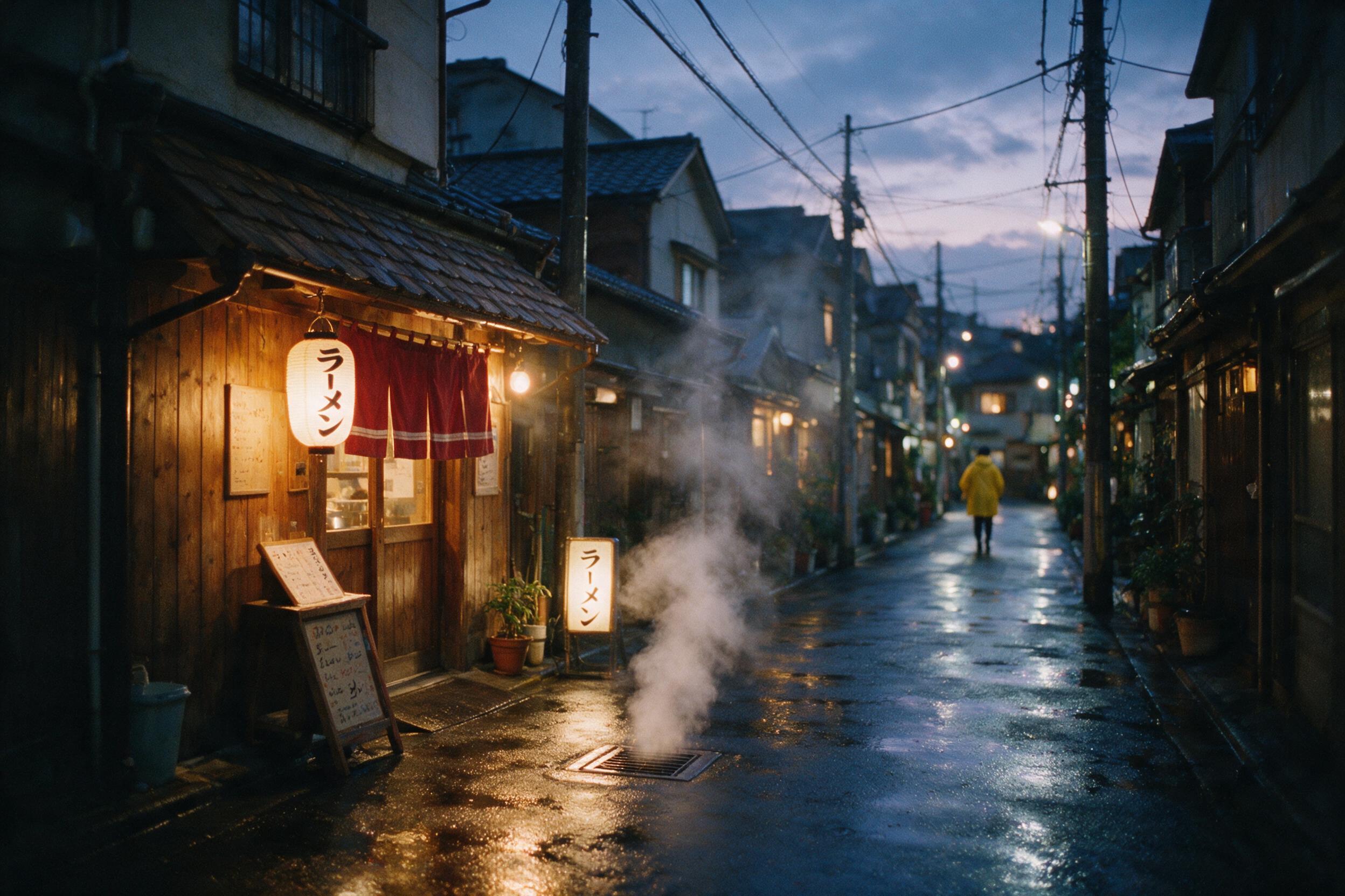 A narrow Tokyo alley at dusk, rain-slicked asphalt reflecting warm orange lantern light from a tiny ramen shop, steam curling from a vent, a lone figure in a yellow raincoat walking away, soft bokeh, slight motion blur, 35mm film grain, natural moody atmosphere.