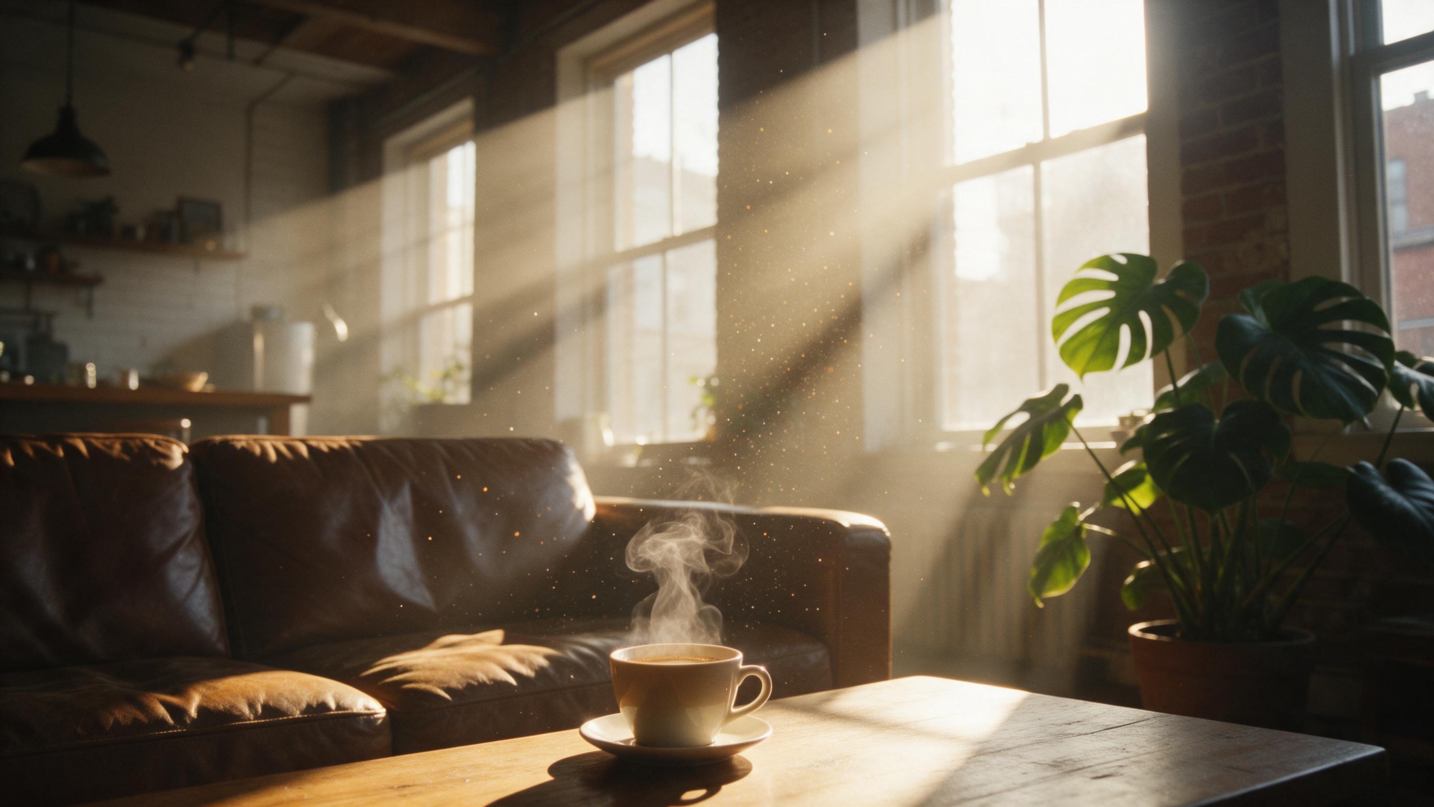 Cozy morning in a Brooklyn loft, sunbeams through tall windows, dust motes dancing, a steaming coffee cup on a wooden table, worn leather sofa, potted monstera, soft haze, candid, natural lighting, slight grain
