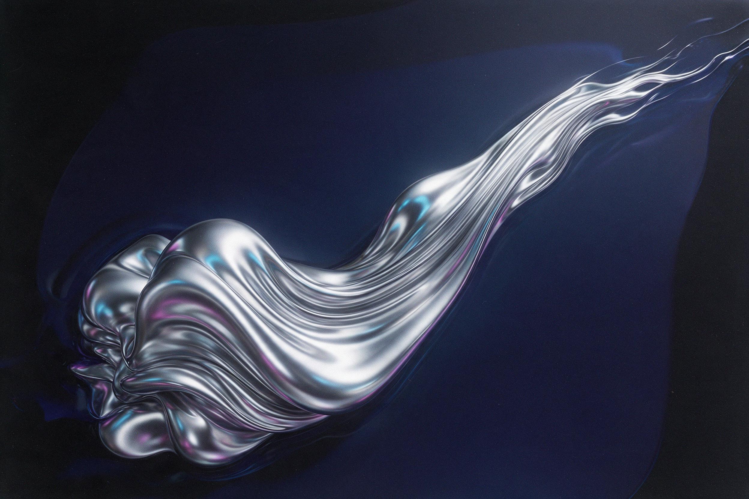 Liquid chrome waves flowing diagonally across a deep indigo field, iridescent cyan and magenta reflections, matte black base, soft diffused studio light, minimal composition with negative space, subtle film grain, smooth fluid shapes without sharp edges