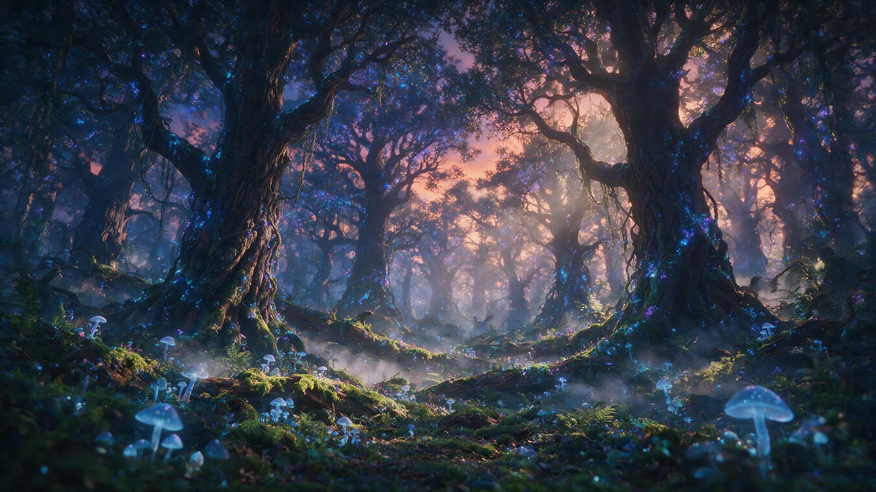 A luminous forest at twilight, towering ancient trees with bioluminescent blue and purple moss, soft glowing mushrooms, a gentle mist rising from the ground, ethereal light rays piercing through the canopy, shallow depth of field, cinematic composition, slight grain