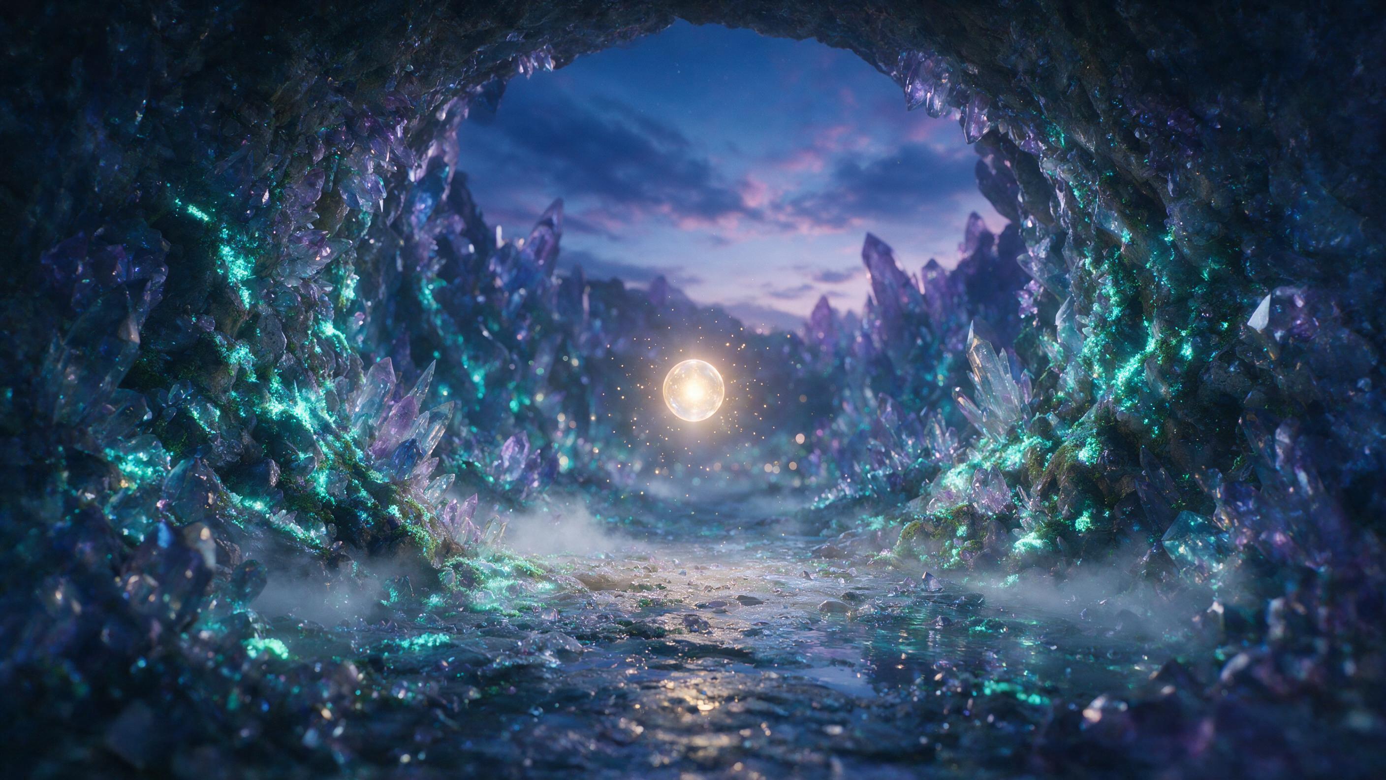 A luminous crystal cave beneath a twilight sky, glowing bioluminescent moss lining the walls, a single glowing orb floating mid-air, soft mist, dreamy atmosphere, wide-angle view, cinematic lighting