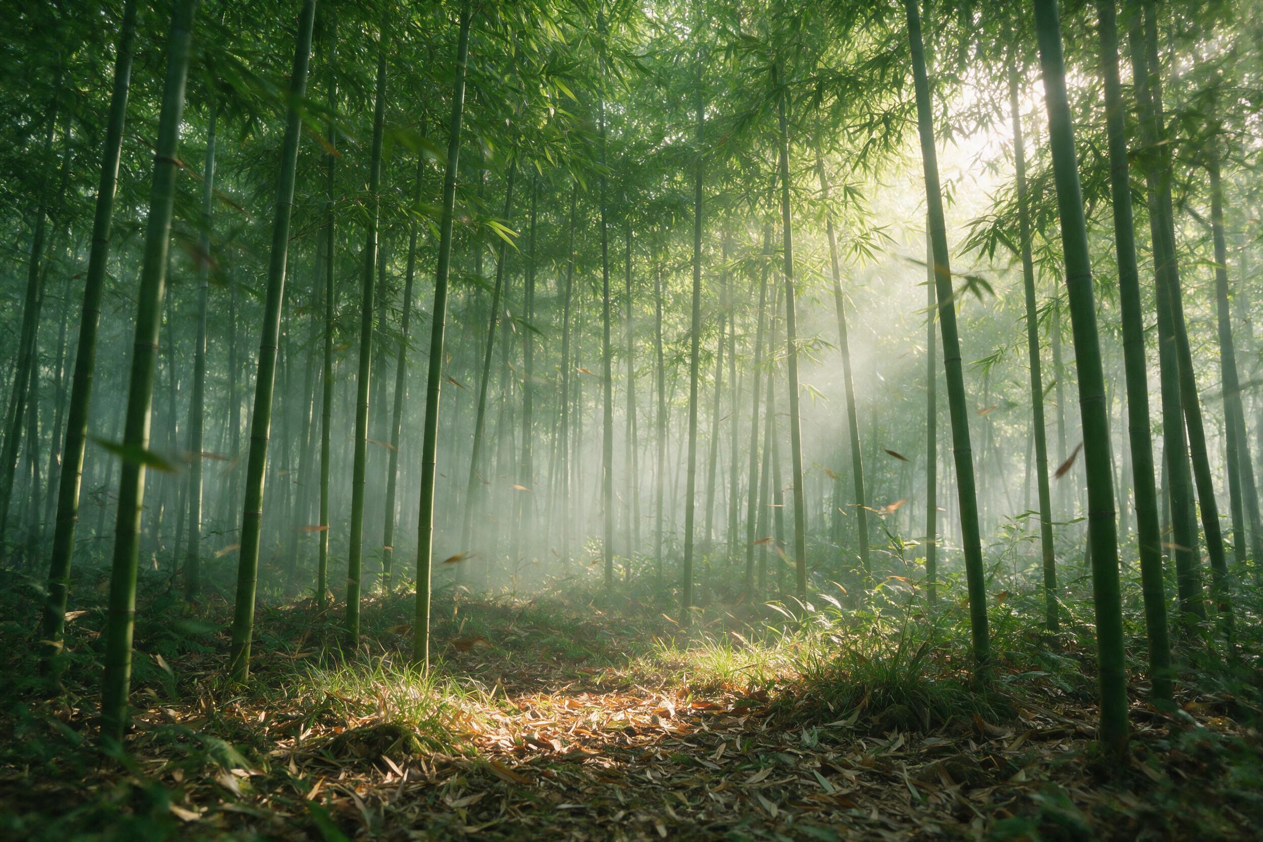 A misty bamboo forest at dawn, soft golden sunlight filtering through dense green stalks, ground covered with fallen leaves, slight motion blur from a gentle breeze, natural lighting with low contrast, calm and serene atmosphere.