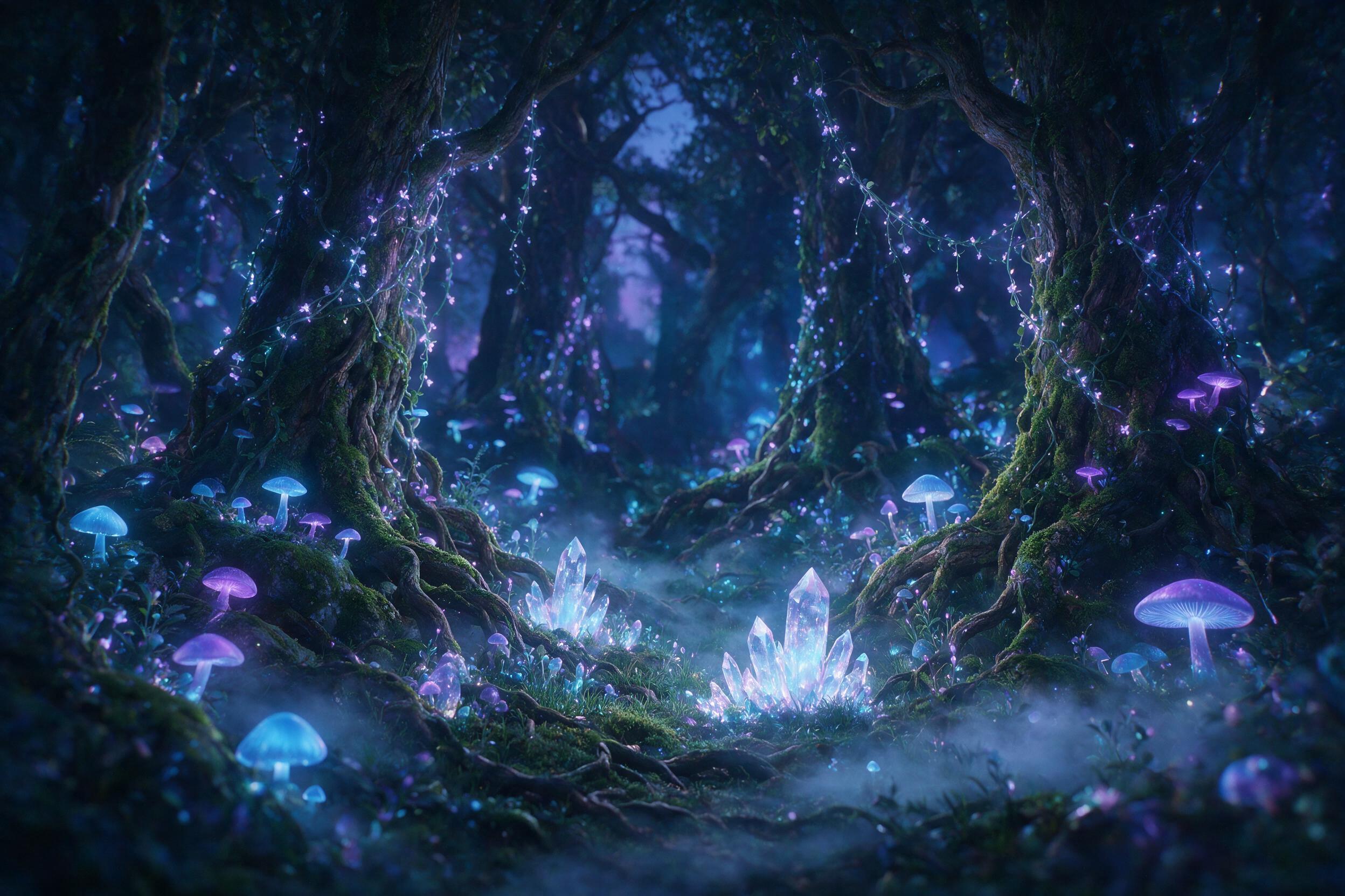 A glowing crystal grove in an enchanted forest, bioluminescent mushrooms and vines casting soft purple and blue light, mist swirling at ground level, ancient twisted trees, quiet magical atmosphere, slight camera blur at edges, 35mm lens, natural fantasy lighting.