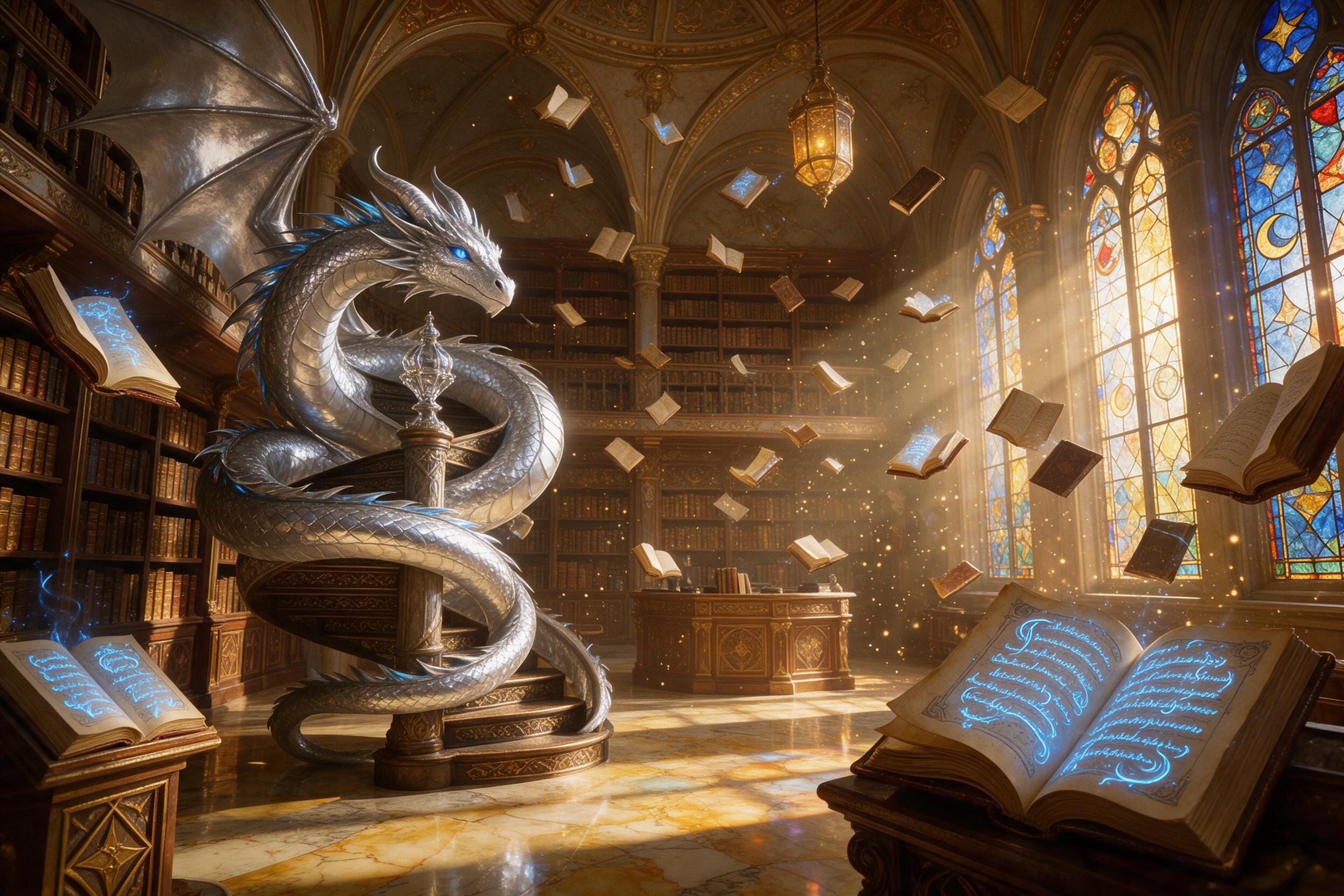 A sunlit ancient library with floating books and glowing ink, stained-glass windows casting colored light on marble floors, a silver dragon curled around a spiral staircase, dust motes dancing in sunbeams, soft golden atmosphere, wide-angle composition