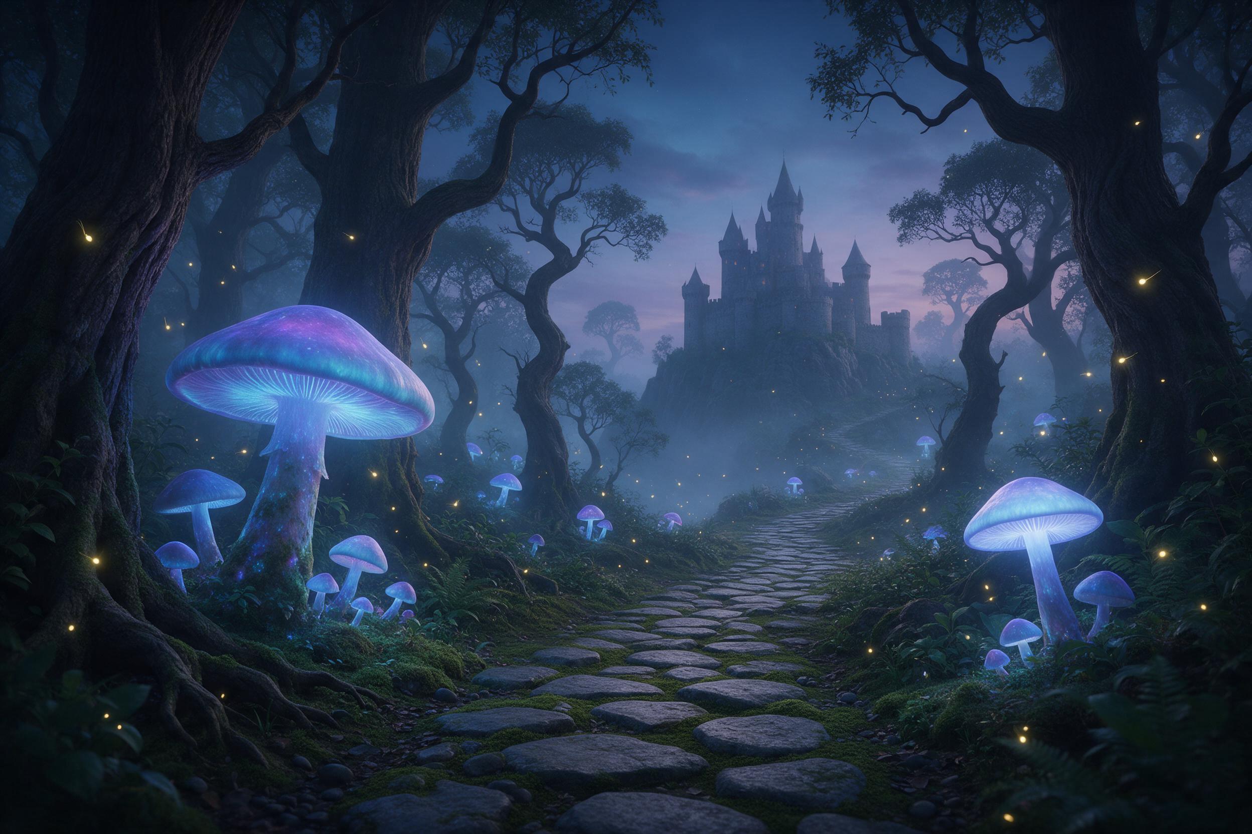 An ancient forest at twilight, enormous glowing mushrooms casting blue and violet light, a winding path of moss-covered stones, fireflies drifting through misty air, silhouettes of towering twisted trees, a distant castle on a cliff, ethereal atmosphere, soft diffused lighting