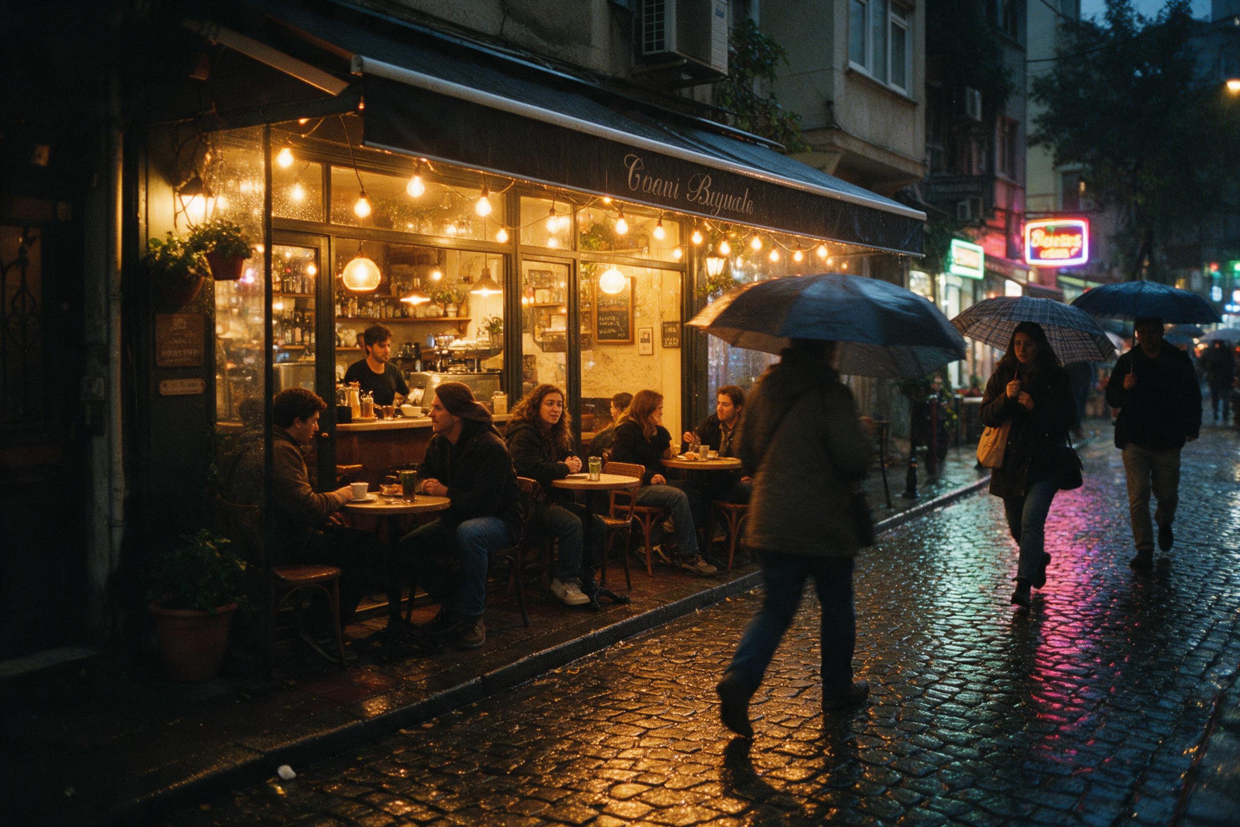 A cozy neighborhood cafe on a rainy evening, warm golden light spilling onto wet cobblestone street, people with umbrellas, reflections of neon signs, film grain, slight camera shake, candid moment, natural lighting