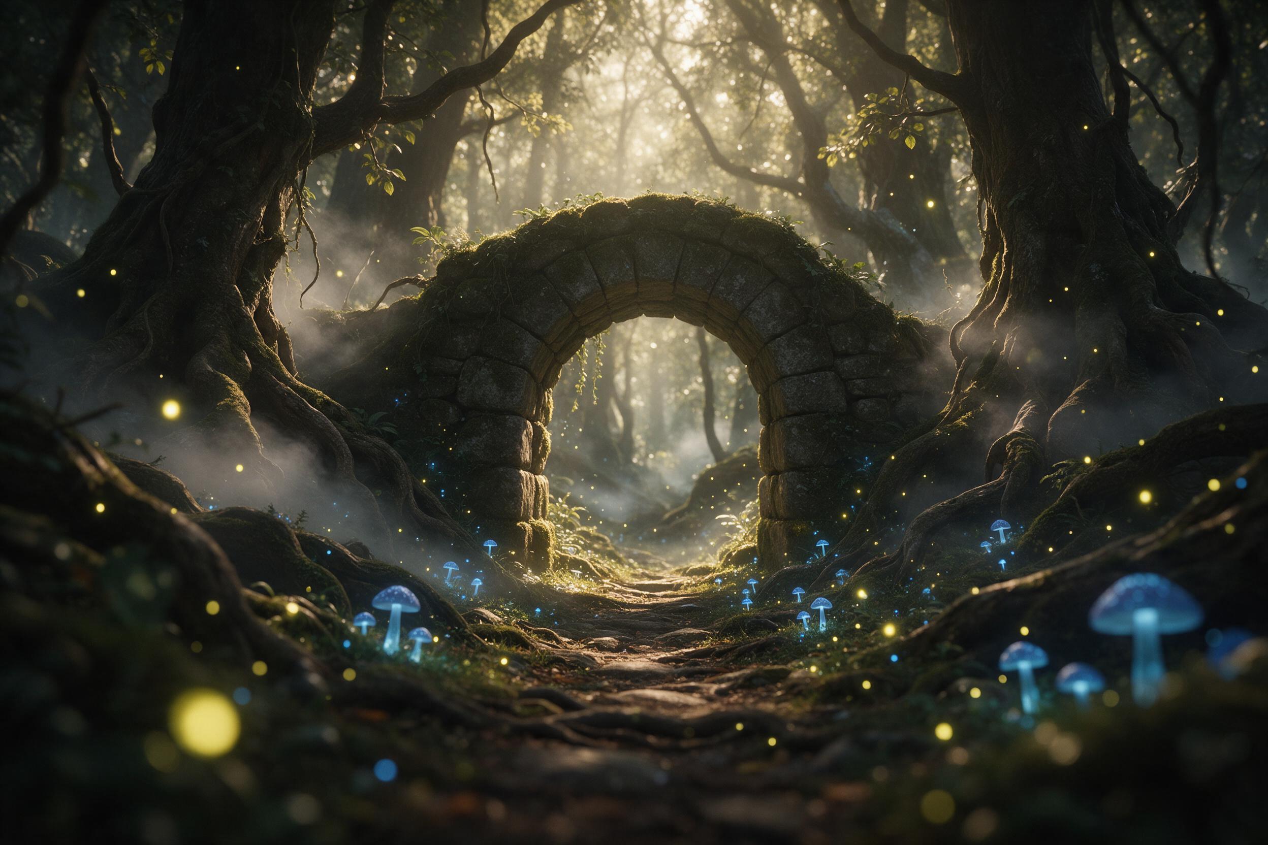 A moss-covered stone archway in an ancient forest, glowing blue mushrooms and fireflies illuminating the path, soft mist curling around gnarled roots, ethereal golden light filtering through dense canopy, shallow depth of field with foreground bokeh, muted earthy tones with vibrant magical accents, 