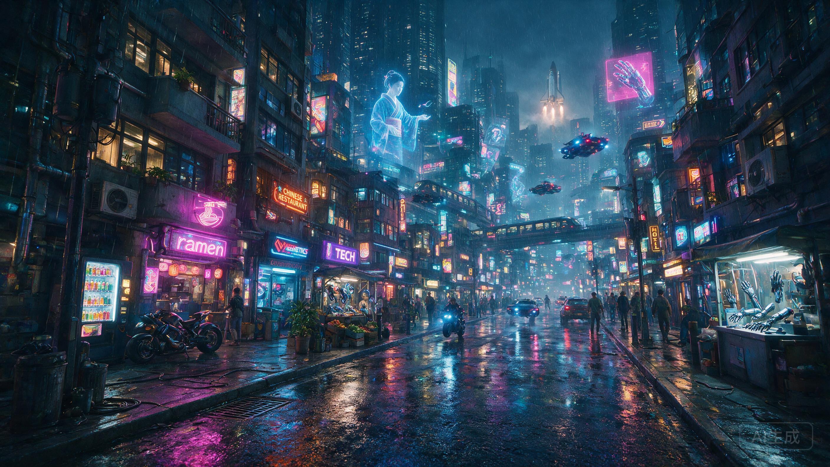 Cyberpunk city street at night, neon reflections on wet pavement, flying cars, holographic billboards, rain, volumetric lighting