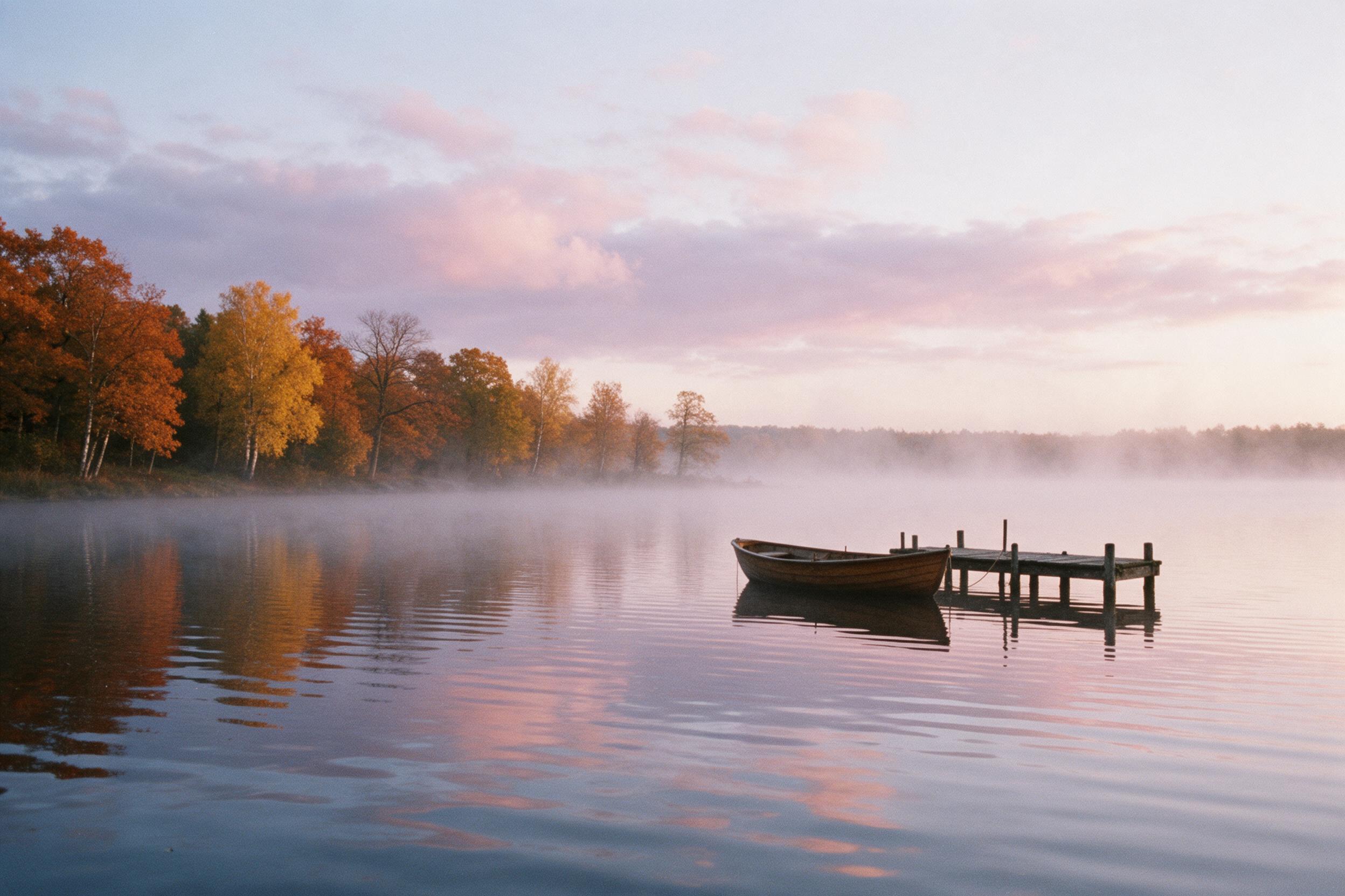 A serene lakeside at dawn, mist rising off the water, autumn trees in burnt orange and gold on the shore, soft pastel sky with pink and lavender clouds, reflections rippling gently, a lone wooden rowboat moored to a weathered dock, quiet atmosphere, shot on 35mm film with natural grain and slight so