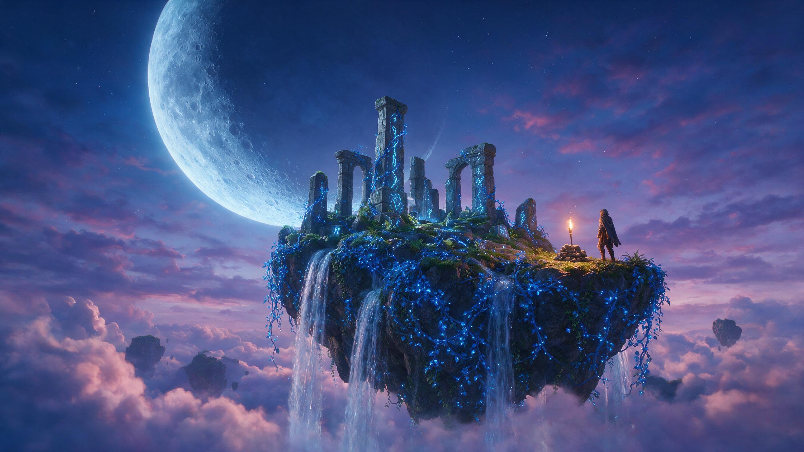 A floating island in a twilight sky, wrapped in glowing blue vines and waterfalls cascading into clouds. Ancient stone ruins with moss and glowing runes atop the island. A lone traveler in a hooded cloak stands on a cliff edge, looking at a massive crescent moon. Warm torchlight mixes with cool blue