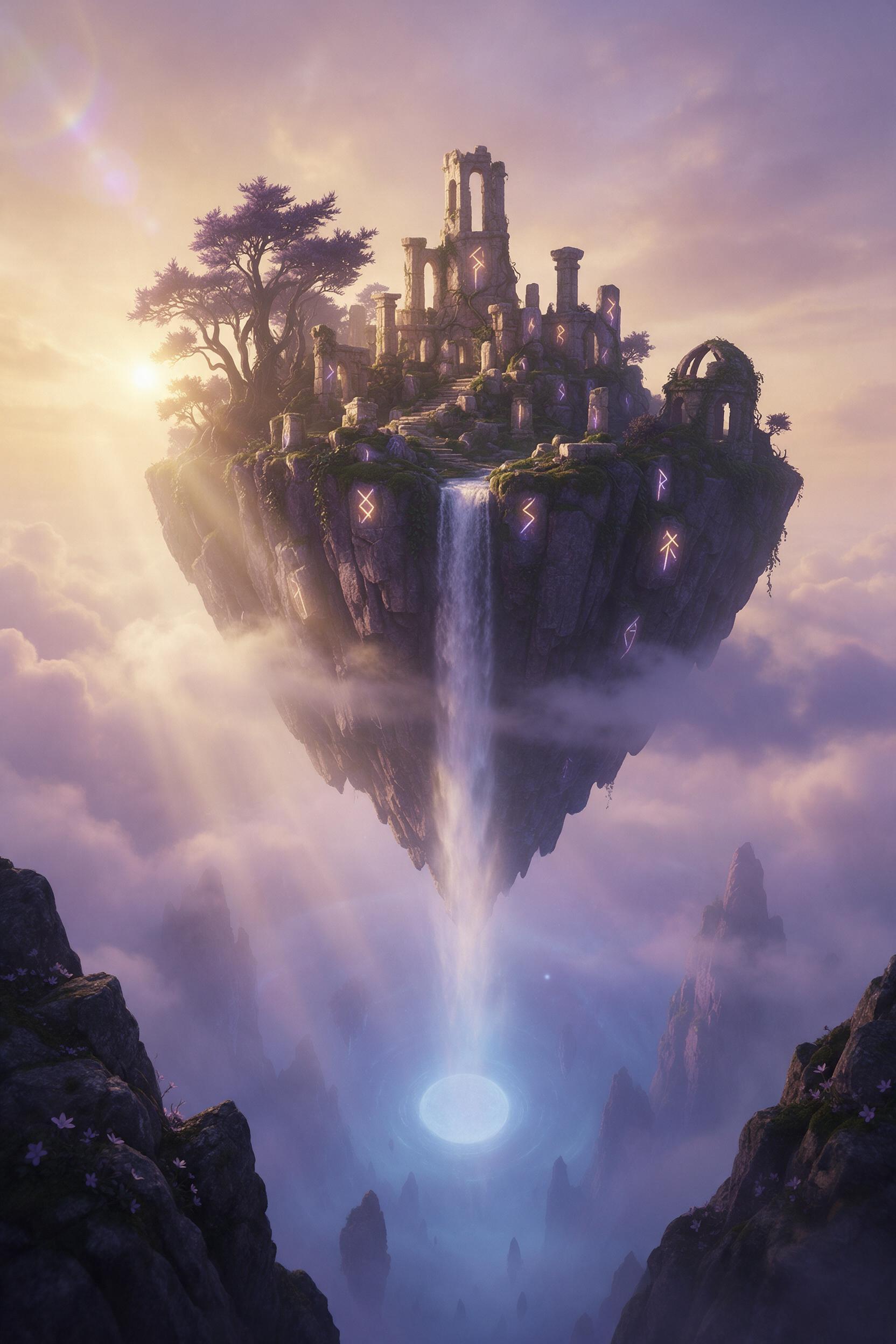 A floating island above misty clouds, waterfall cascading into a glowing blue abyss, overgrown stone ruins with ancient glowing runes, ethereal light rays through thick fog, lavender and amber color palette, centered composition, layered atmospheric depth, subtle lens flare.