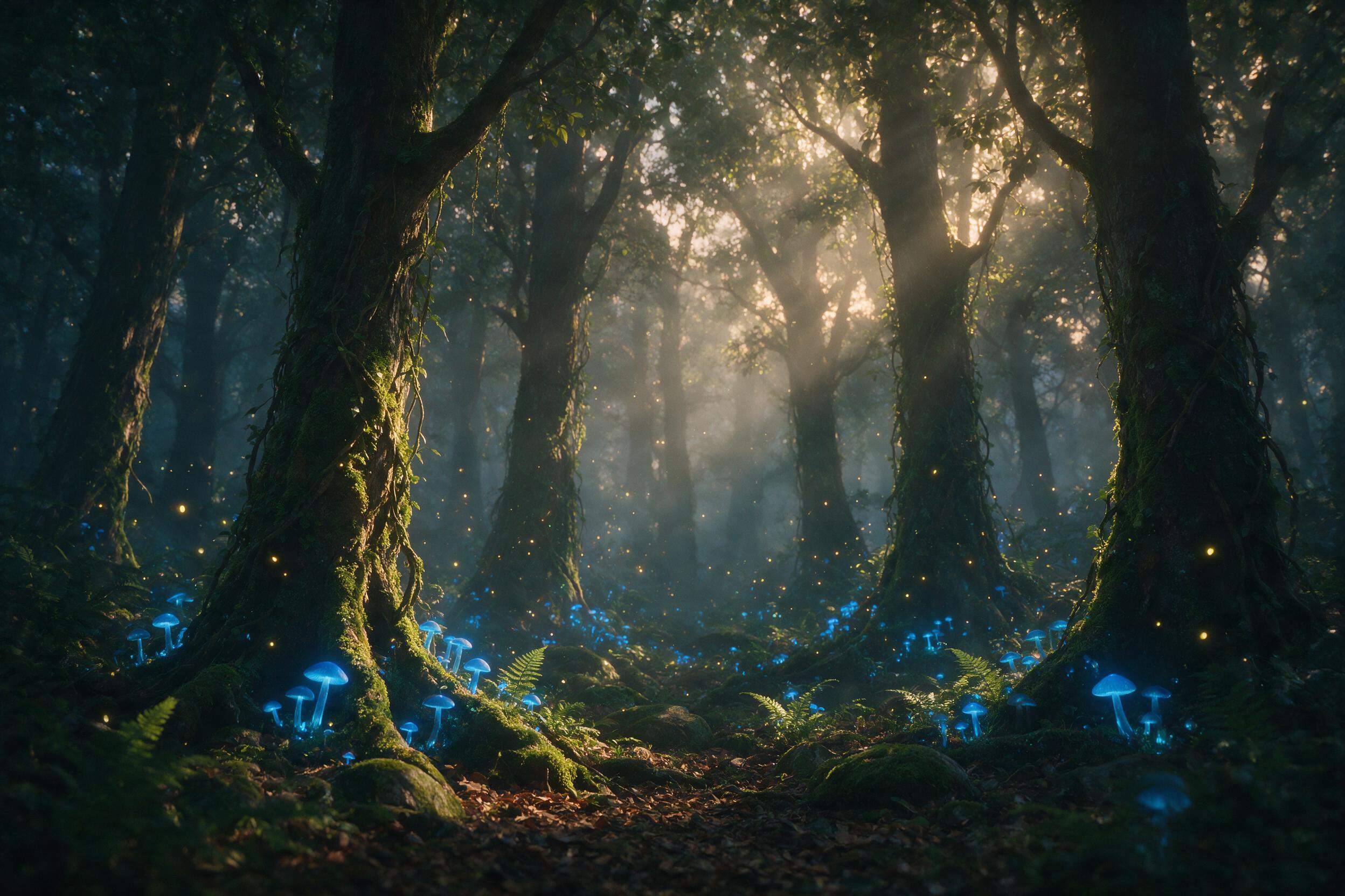 A misty forest at twilight, ancient trees with glowing blue mushrooms at their roots, soft golden fireflies floating in the air, ethereal light rays piercing through the canopy, deep shadows under the foliage, slight camera blur for dreamy effect, natural atmospheric haze.