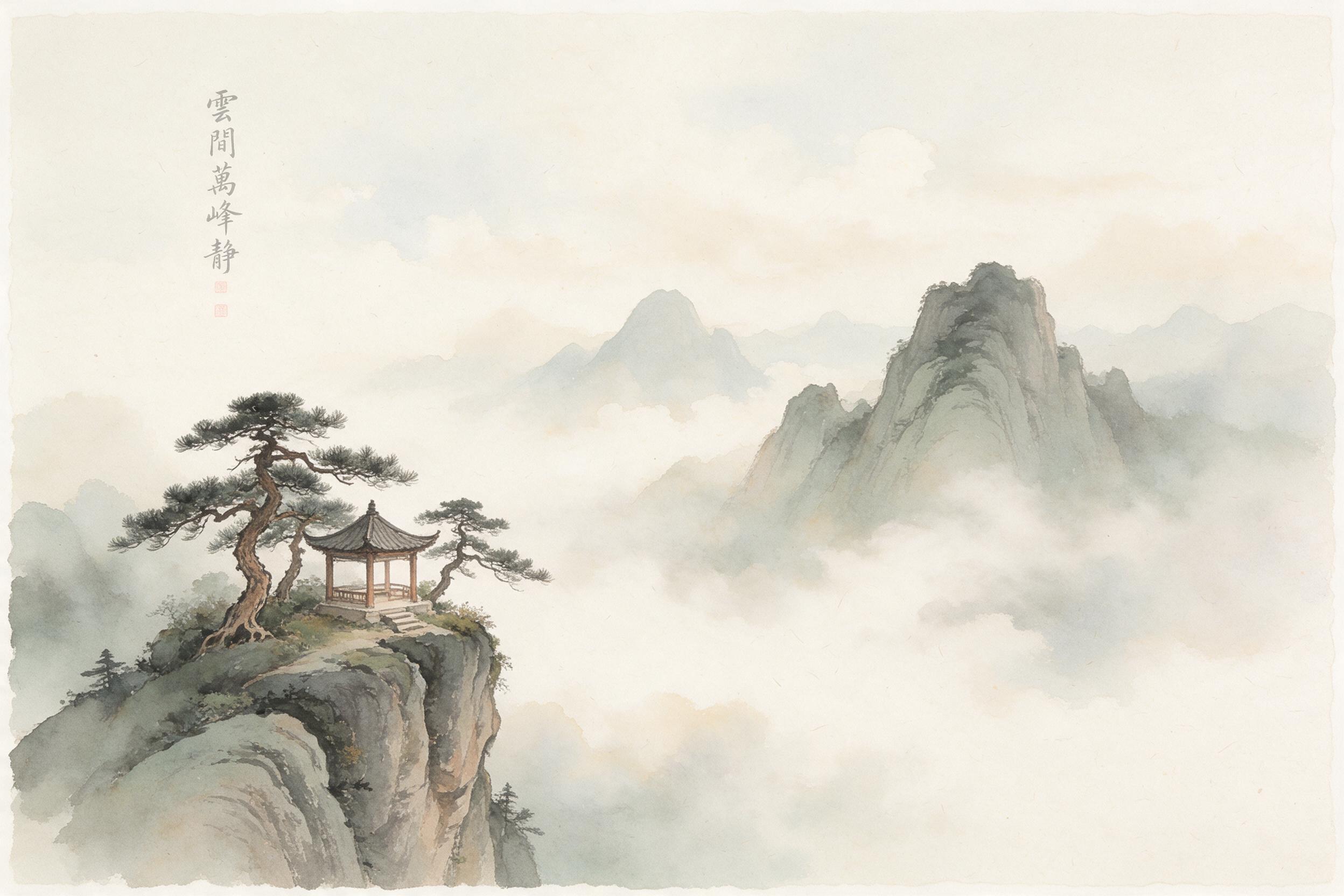 Misty mountain peaks emerge through layers of drifting clouds, an old pavilion perched on a cliff edge among ancient pines. Atmospheric watercolor with soft ink washes, wet-on-wet technique, subtle color bleeding, delicate rice paper texture, muted greens and grays, tranquil, minimalist composition 
