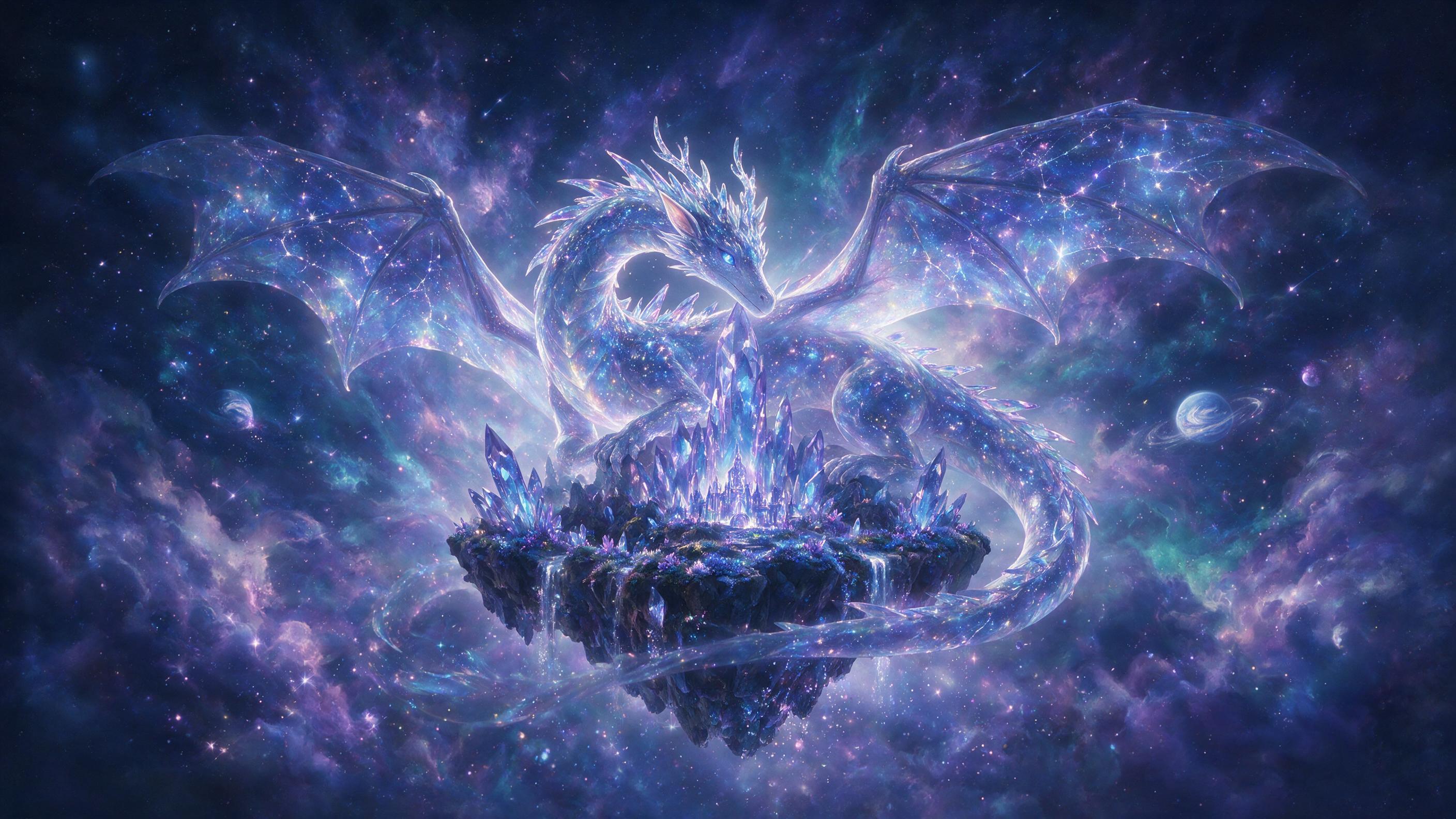 A glowing, translucent dragon curled around a floating crystal island, nebula clouds swirling in the background, soft magical light, dreamy atmosphere, deep blue and purple hues, wide angle view