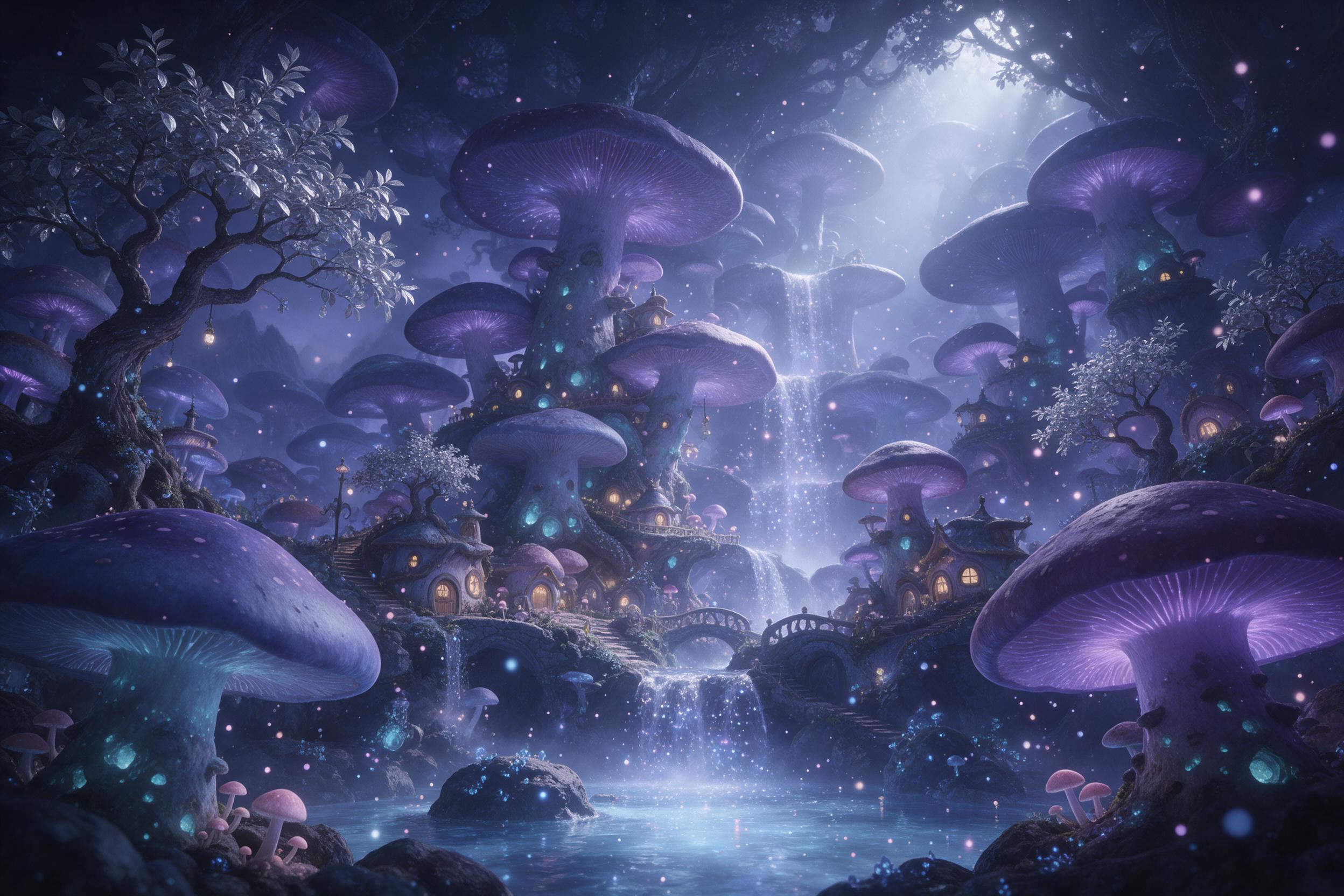 A hidden fairy village nestled in colossal mushroom caps glowing with soft bioluminescent teal and lavender, cascading waterfalls of starry mist, ancient twisted trees with silver leaves, ethereal light rays piercing the canopy, delicate floating spores sparkling, layered composition with foreground