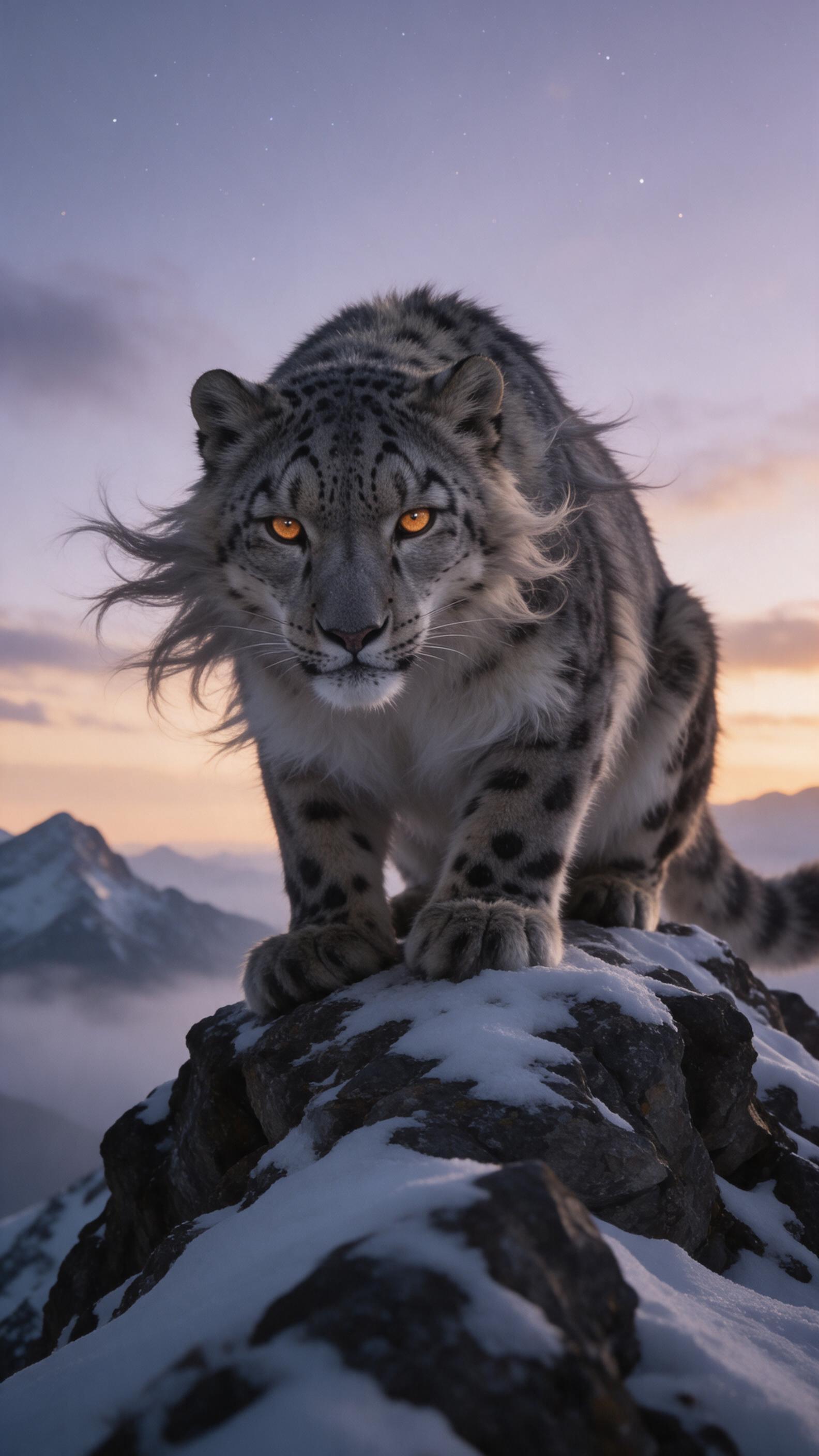 A majestic snow leopard crouched on a rocky outcrop at dusk, piercing amber eyes locked forward, thick smoky fur rippling in the cold wind. Soft lavender and orange sky scattered with faint stars, snow-dusted peaks fading into layered mist below. Shot from a low angle with a 200mm telephoto lens, na