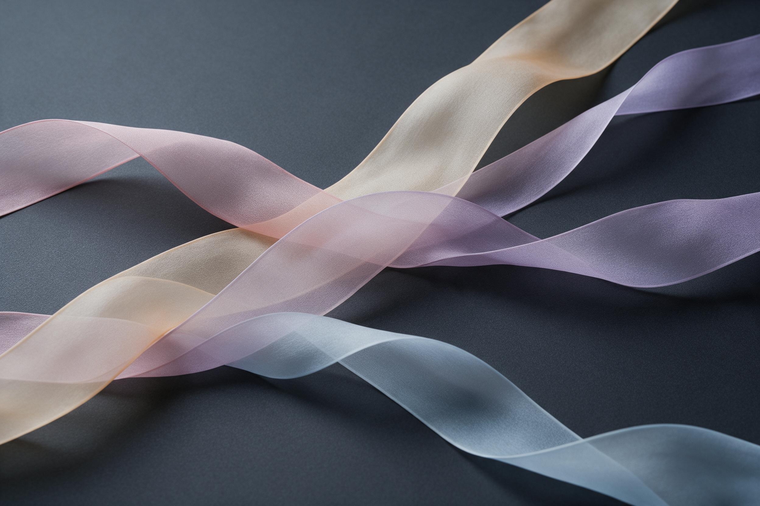 Minimalist composition of flowing translucent ribbons in muted pastel tones, intersecting over a matte charcoal background. Soft diffused light casting gentle shadows, with subtle grain texture emphasizing materiality. Central focus with balanced negative space, evoking calm fluidity.
