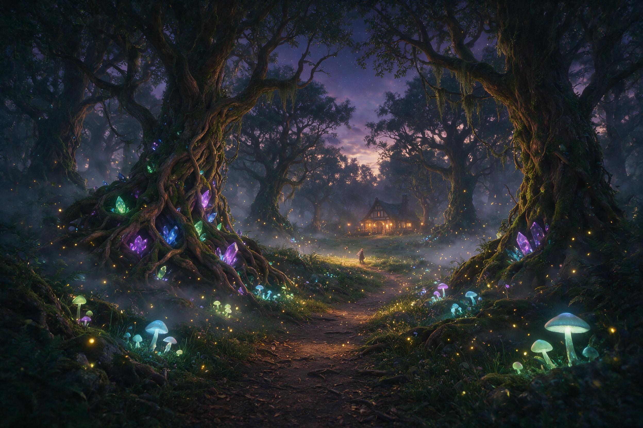 A mystical forest at twilight, bioluminescent mushrooms and fireflies illuminating the path, ancient tree roots intertwining with glowing crystals, soft mist rising from the ground, a lone figure in a flowing cloak stands at the edge of a clearing, warm golden light from distant lanterns, dreamy atm