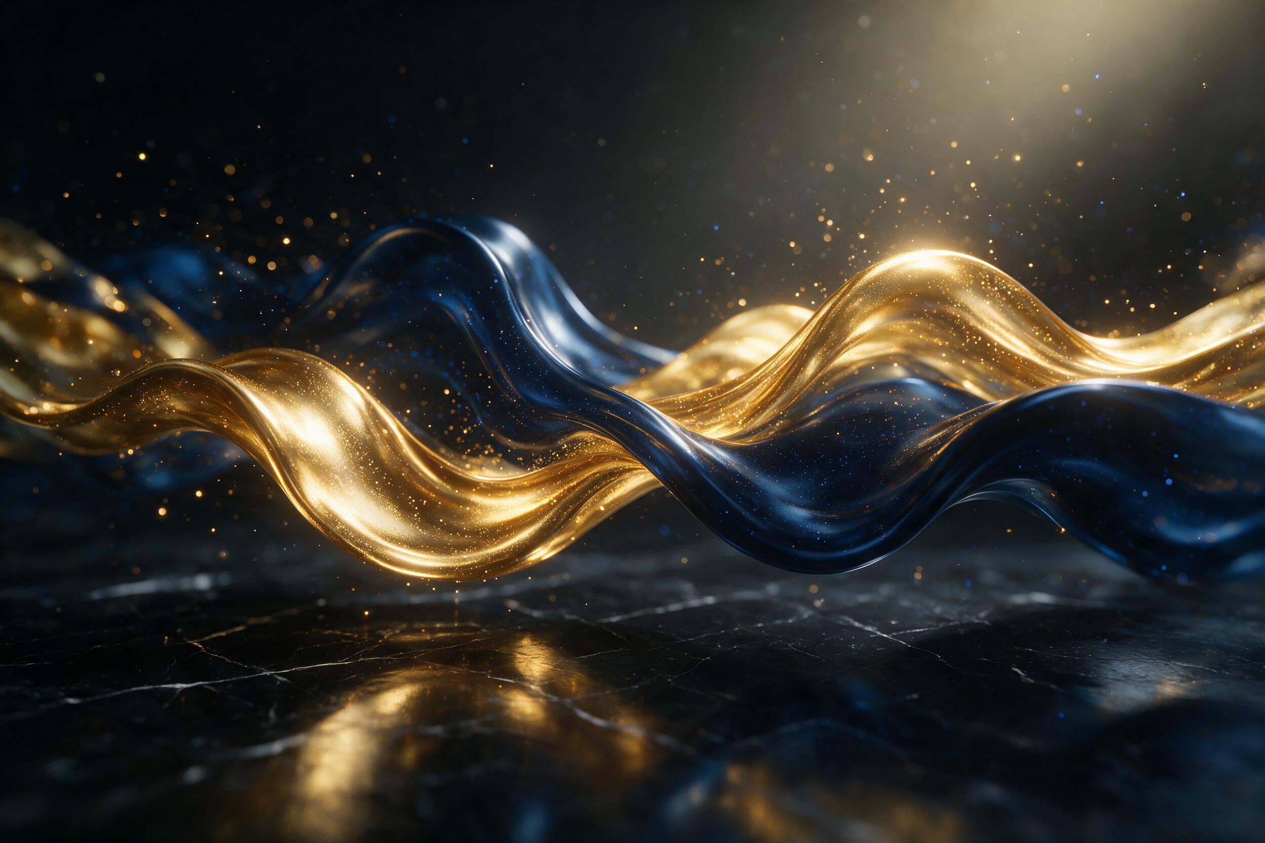 Smooth flowing curves of liquid gold and deep indigo, intersecting in a sunlit void, soft bokeh particles scattered, gentle reflections on polished black marble surface, minimalist composition with negative space, subtle camera blur at edges
