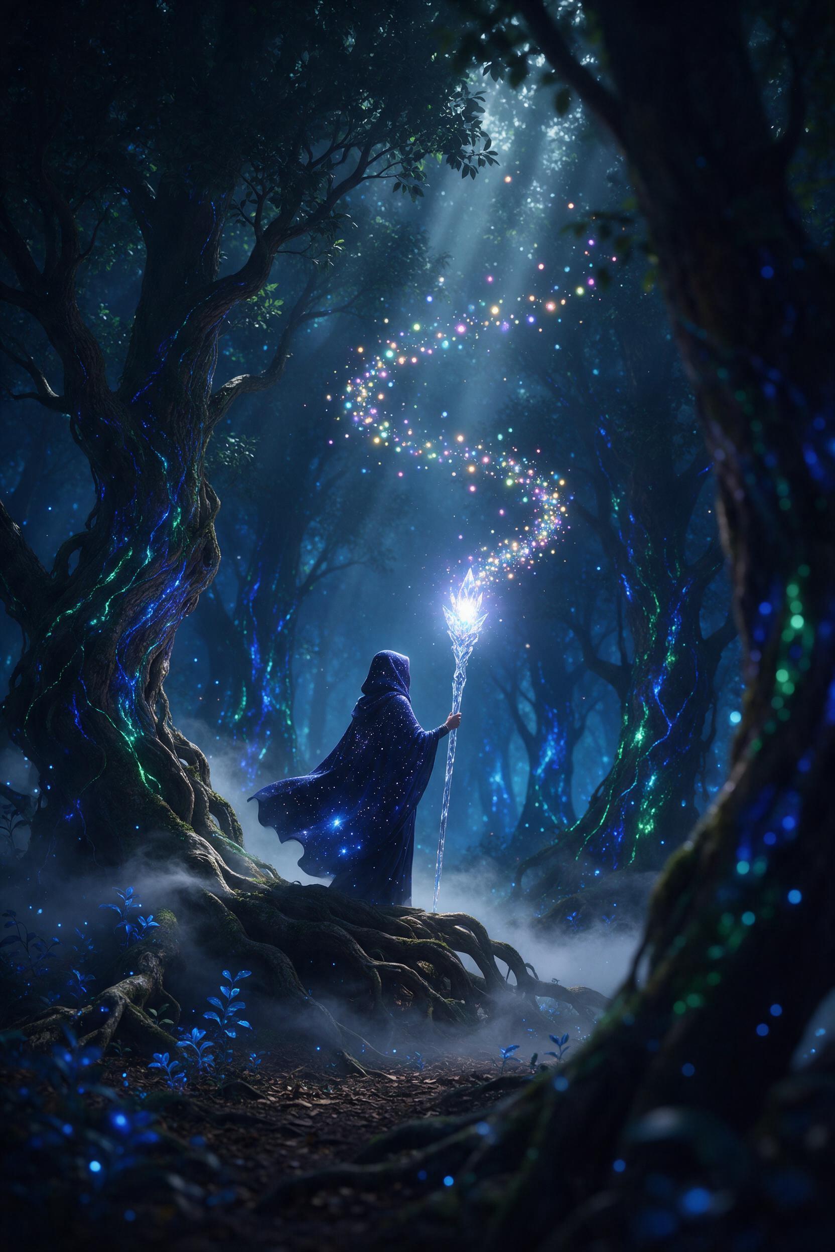 An ethereal glowing forest with towering bioluminescent trees in sapphire and emerald, silver mist winding between gnarled roots. A lone figure, cloaked in starlight, raises a crystalline staff, casting a spiral of iridescent fireflies. Soft volumetric light rays pierce the canopy, shallow depth of 