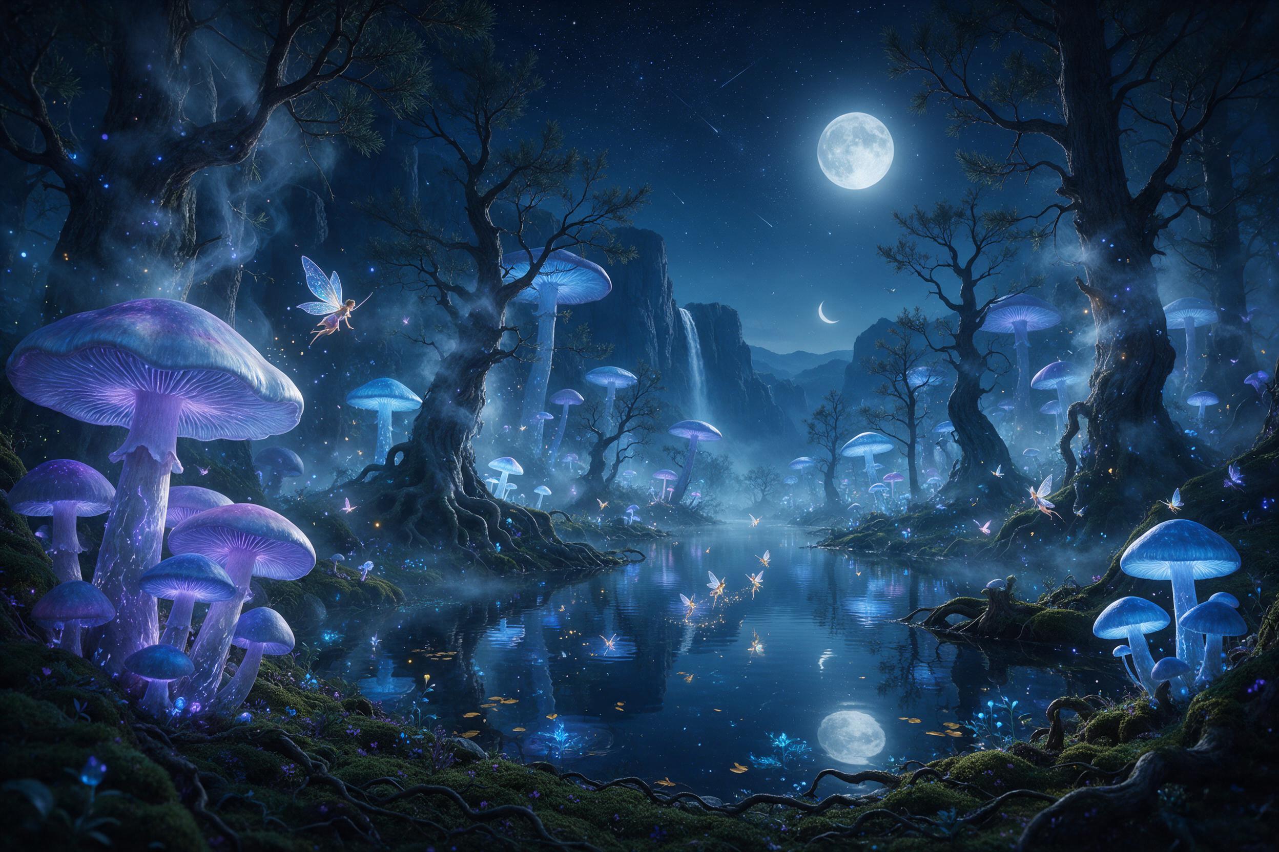 A moonlit enchanted forest with towering luminescent mushrooms, their caps glowing soft blue and violet, casting ethereal light on mossy ground, a gentle mist curling between ancient twisted trees, tiny fairies with translucent wings fluttering near a crystal-clear pond reflecting the starry sky, so