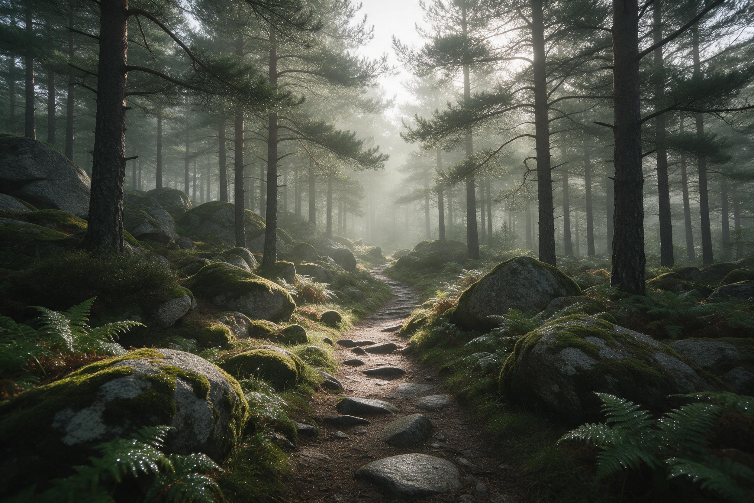 A misty morning in a dense pine forest, sun rays piercing through the canopy, a narrow winding trail with moss-covered rocks, granite boulders, ferns glistening with dew, atmospheric depth, soft volumetric lighting, muted greens and earth tones, natural composition leading the eye inward, no people 